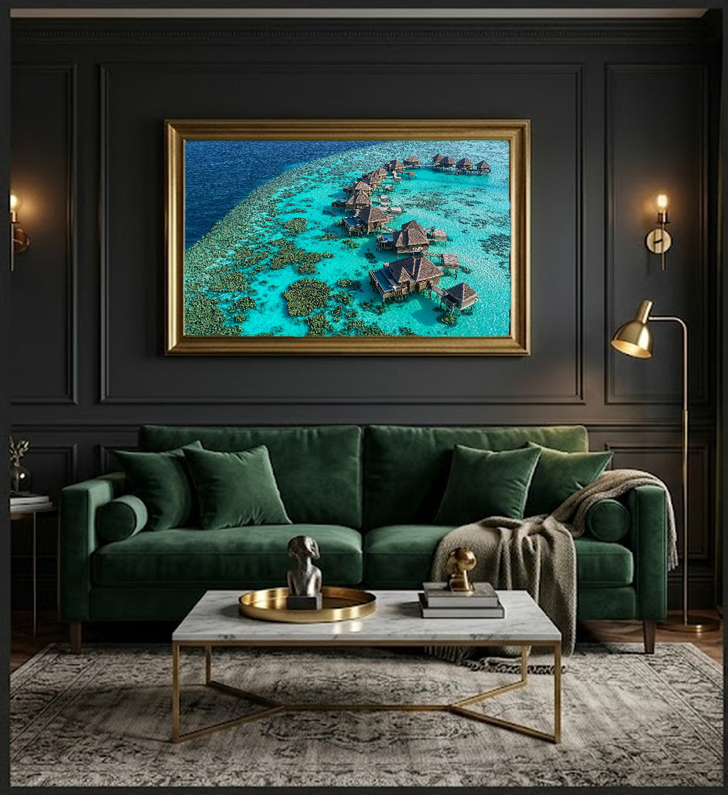 Maldives Canvas Wall Art | Overwater Villas Print, Tropical Paradise, Luxury Coastal Decor, Stretched Canvas — maldives-overwater-office-wall-art.jpg