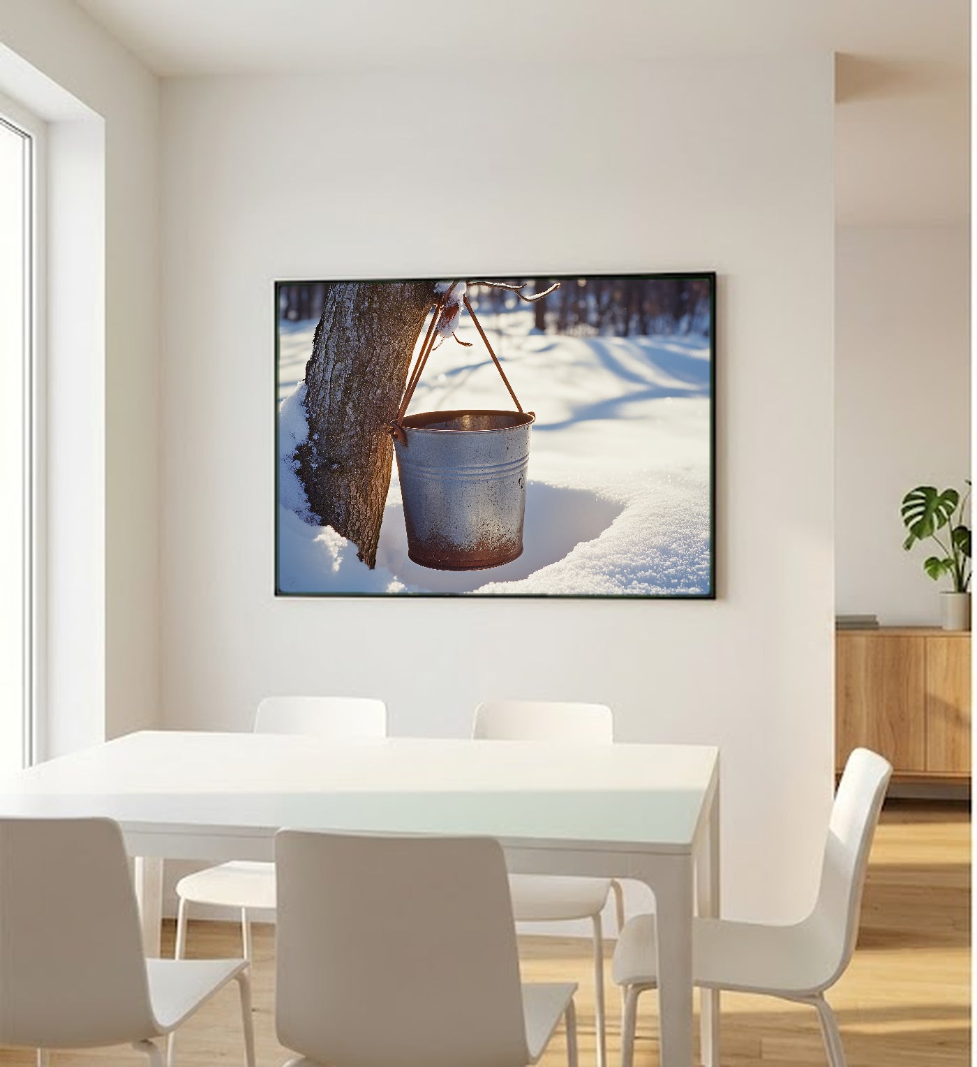 Maple Sugar Bucket Canvas Wall Art | Snowy Tap Print, Vermont Winter Decor, Stretched Canvas — maple-sugar-bucket-snow-bedroom-wall-art.jpg