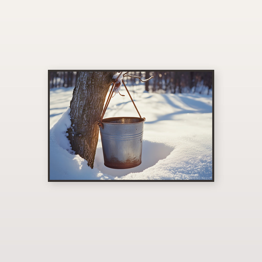 Maple Sugar Bucket Canvas Wall Art | Snowy Tap Print, Vermont Winter Decor, Stretched Canvas — maple-sugar-bucket-snow-canvas-print.jpg