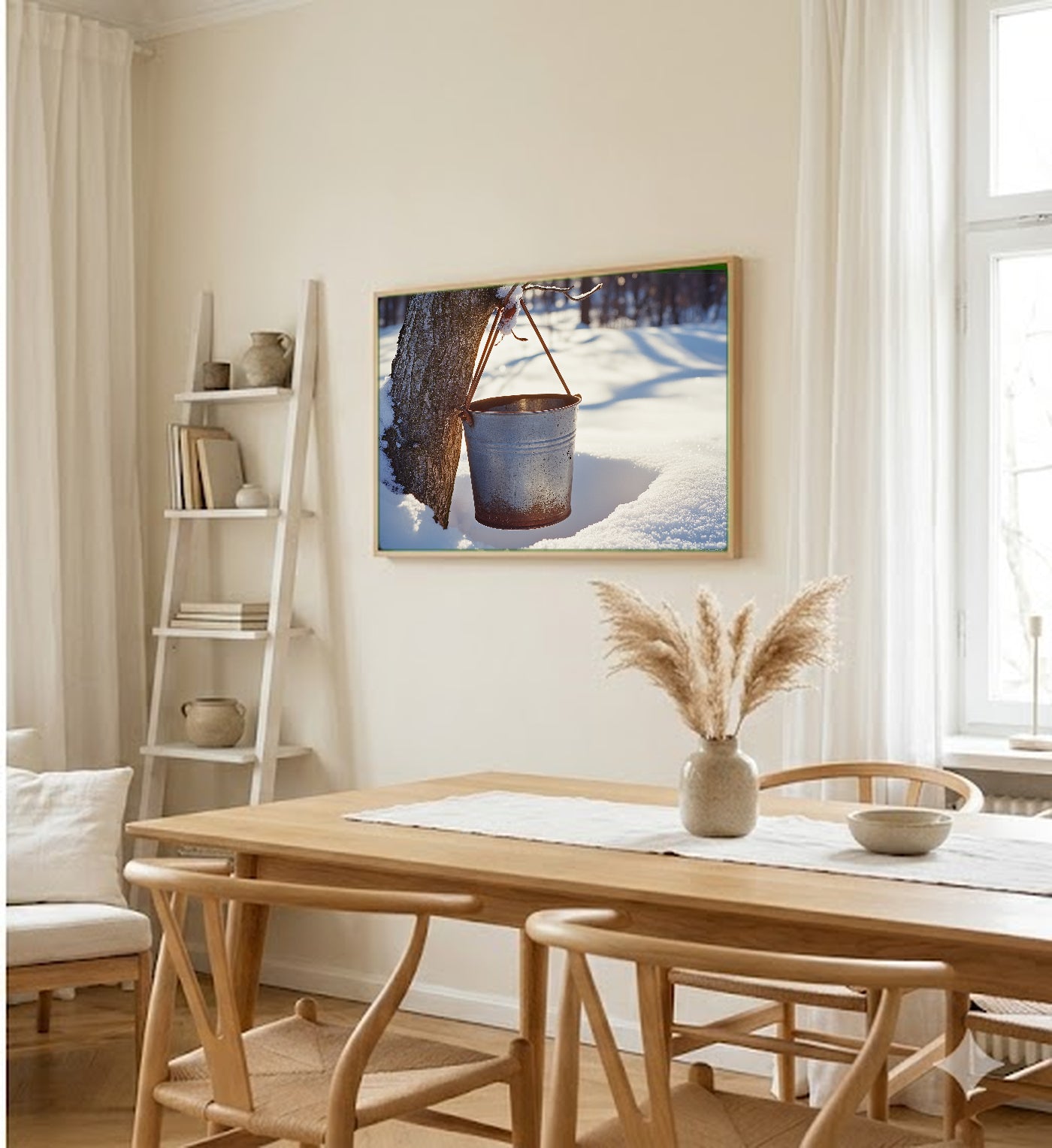 Maple Sugar Bucket Canvas Wall Art | Snowy Tap Print, Vermont Winter Decor, Stretched Canvas — maple-sugar-bucket-snow-dining-room-wall-art.jpg