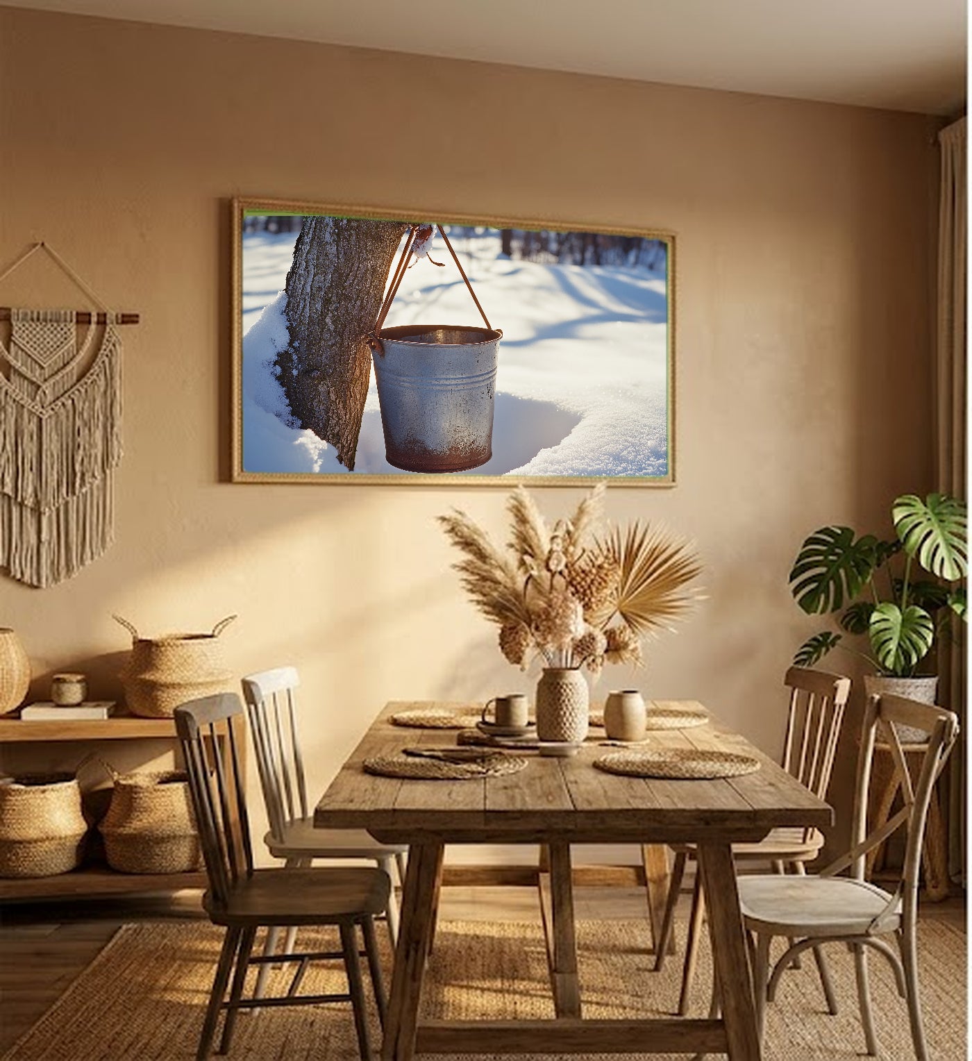 Maple Sugar Bucket Canvas Wall Art | Snowy Tap Print, Vermont Winter Decor, Stretched Canvas — maple-sugar-bucket-snow-hallway-wall-art.jpg