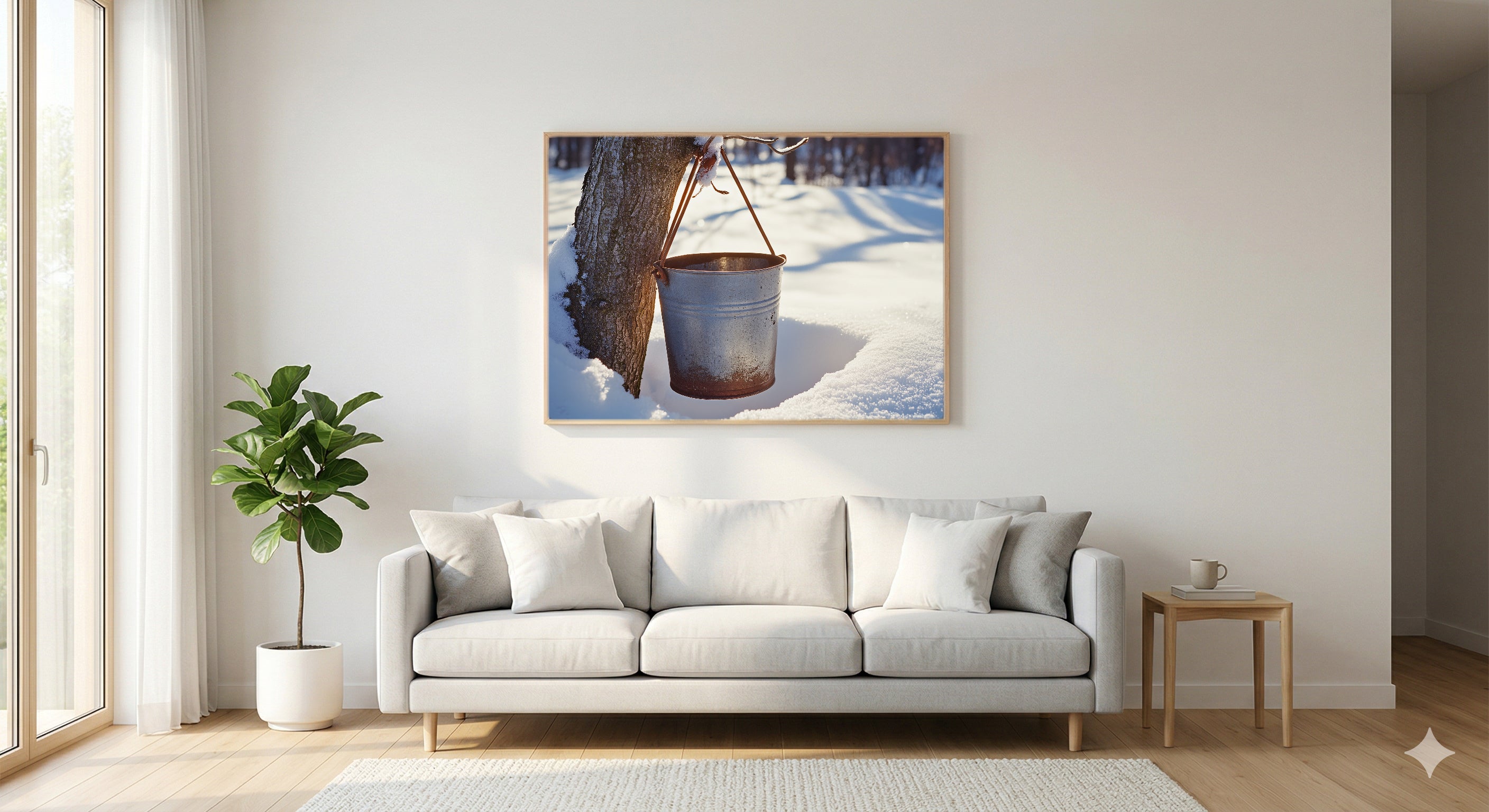 Maple Sugar Bucket Canvas Wall Art | Snowy Tap Print, Vermont Winter Decor, Stretched Canvas — maple-sugar-bucket-snow-living-room-wall-art.jpg