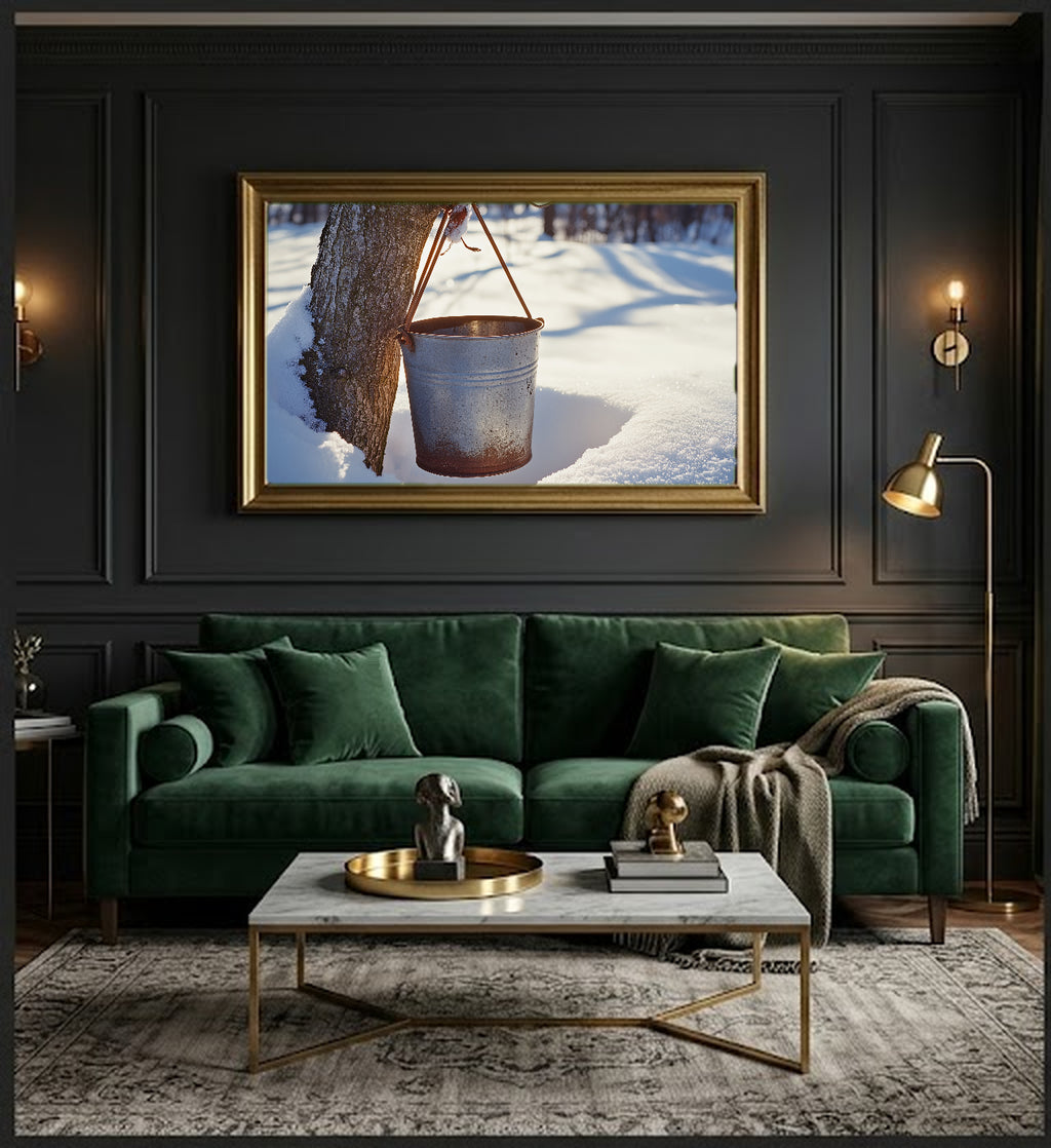 Maple Sugar Bucket Canvas Wall Art | Snowy Tap Print, Vermont Winter Decor, Stretched Canvas — maple-sugar-bucket-snow-office-wall-art.jpg