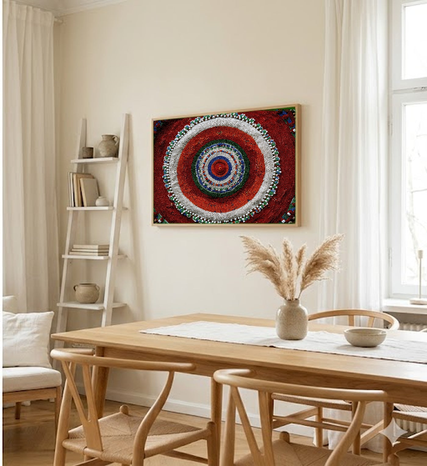 Masai Beadwork Canvas Wall Art | Circular Mandala Print, Afrohemian Tribal Decor, Stretched Canvas — masai-beadwork-mandala-dining-room-wall-art.jpg