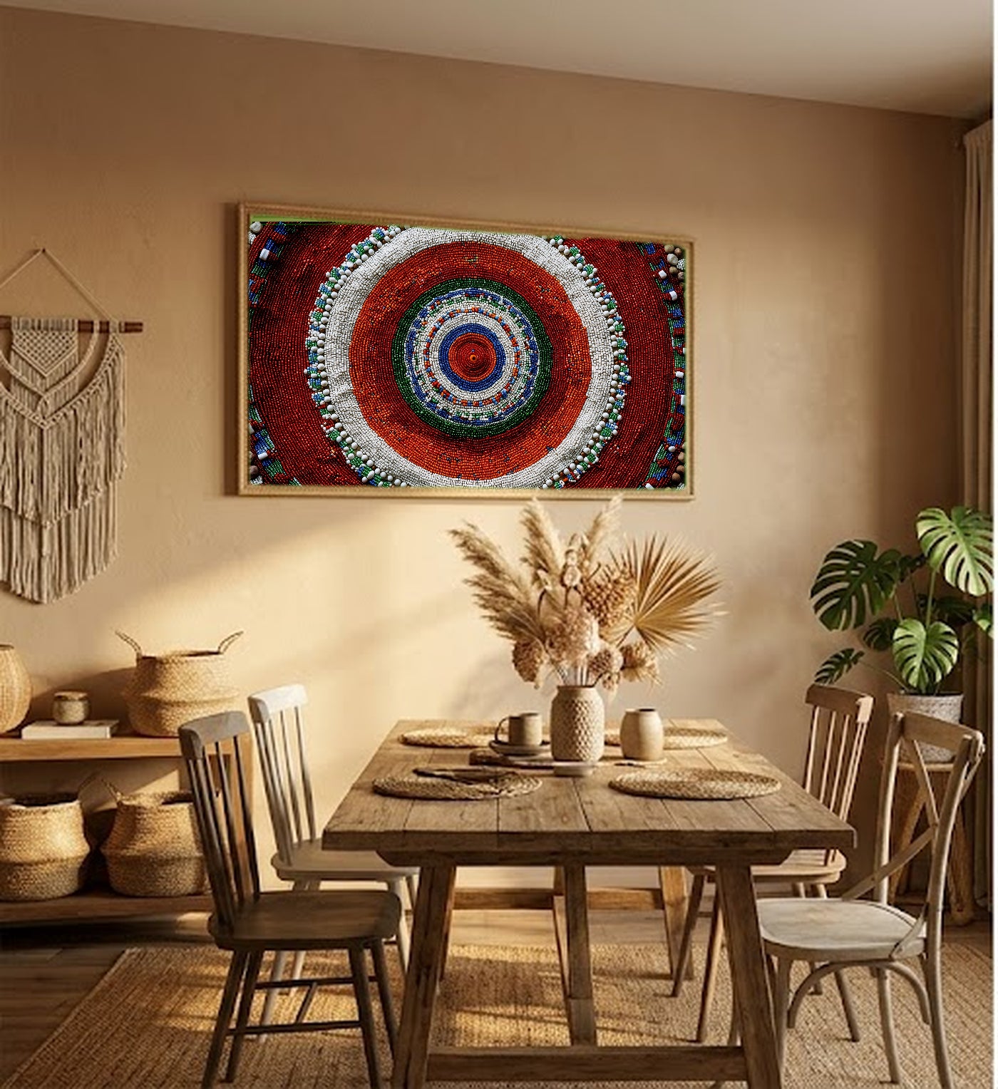 Masai Beadwork Canvas Wall Art | Circular Mandala Print, Afrohemian Tribal Decor, Stretched Canvas — masai-beadwork-mandala-hallway-wall-art.jpg