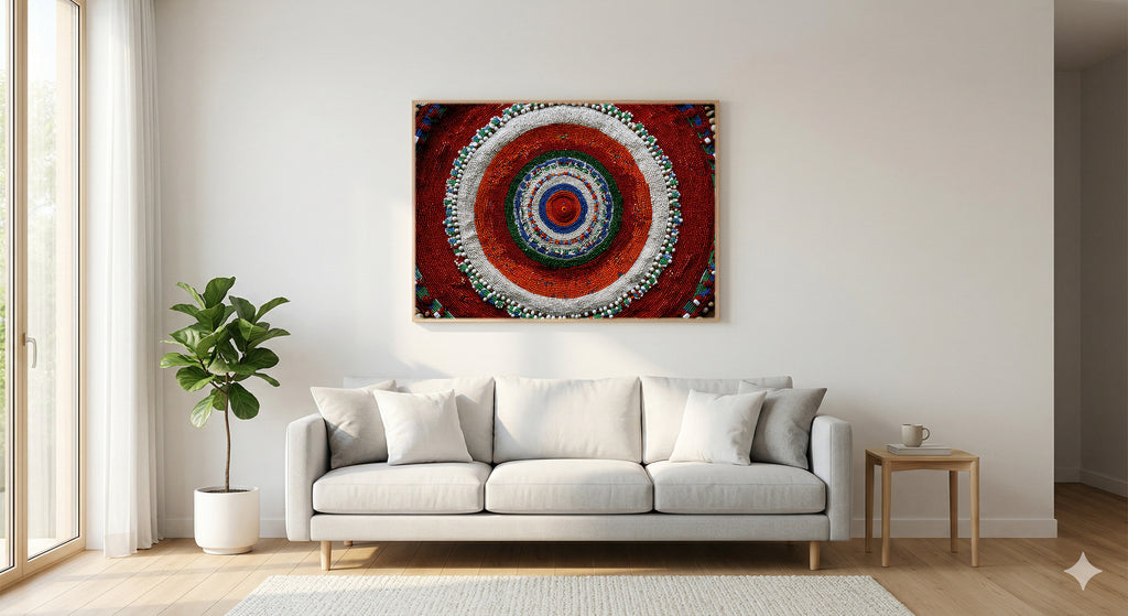 Masai Beadwork Canvas Wall Art | Circular Mandala Print, Afrohemian Tribal Decor, Stretched Canvas — masai-beadwork-mandala-living-room-wall-art.jpg