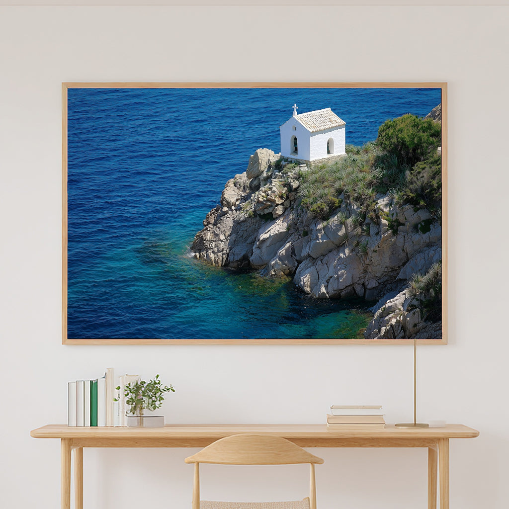 Mediterranean Corsica Clifftop Chapel Fine Art Canvas, Warm Island Glow, Living Room Focal Point, Premium Canvas — mediterranean-corsica-clifftop-chapel-canvas-print.jpg