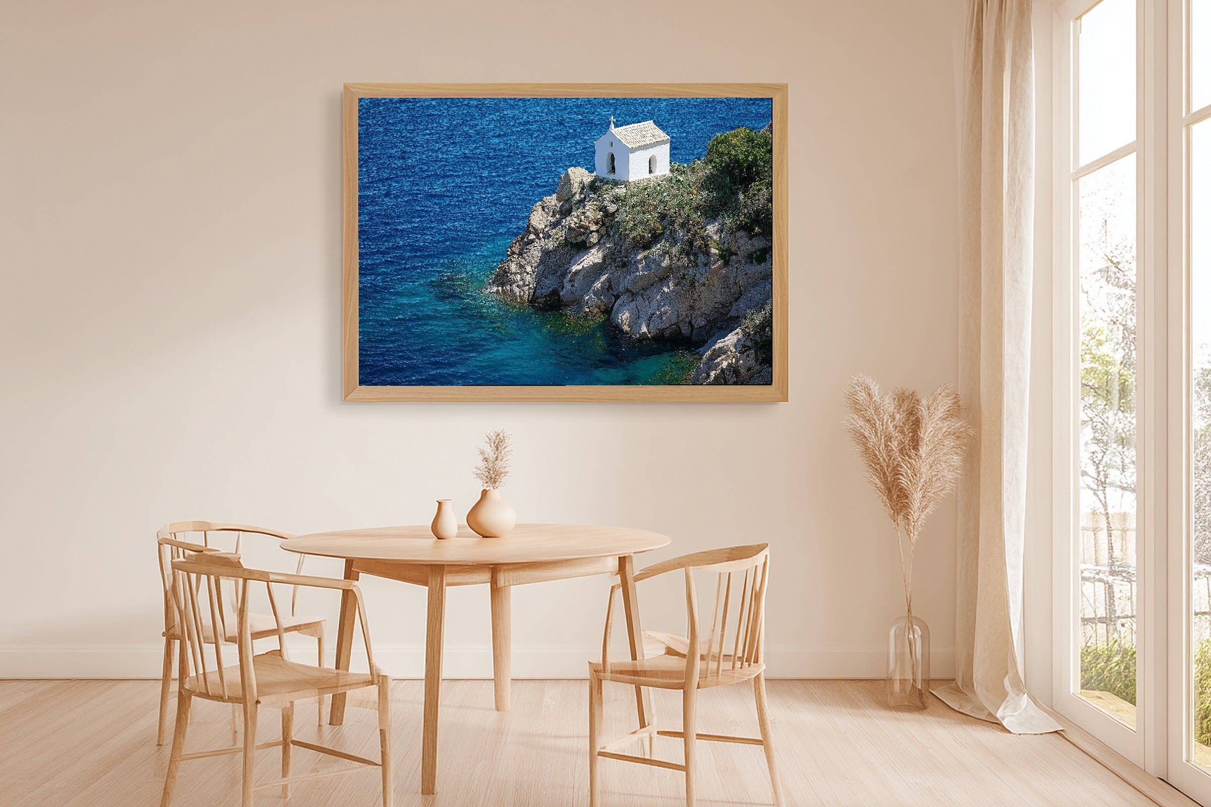 Mediterranean Corsica Clifftop Chapel Fine Art Canvas, Warm Island Glow, Living Room Focal Point, Premium Canvas — mediterranean-corsica-clifftop-chapel-dining-room-wall-art.jpg