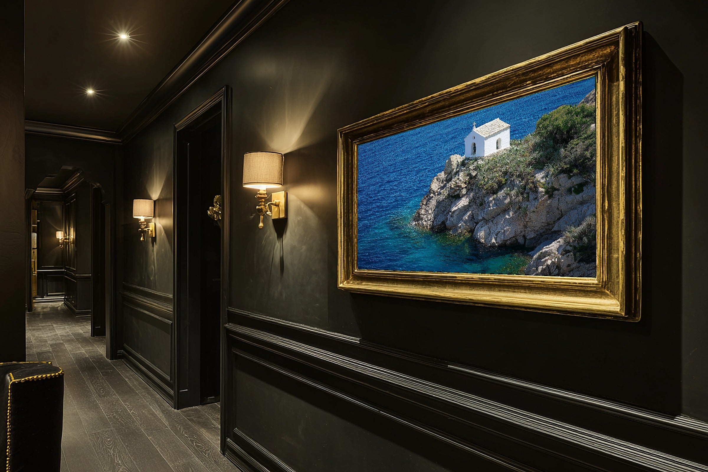 Mediterranean Corsica Clifftop Chapel Fine Art Canvas, Warm Island Glow, Living Room Focal Point, Premium Canvas — mediterranean-corsica-clifftop-chapel-hallway-wall-art.jpg