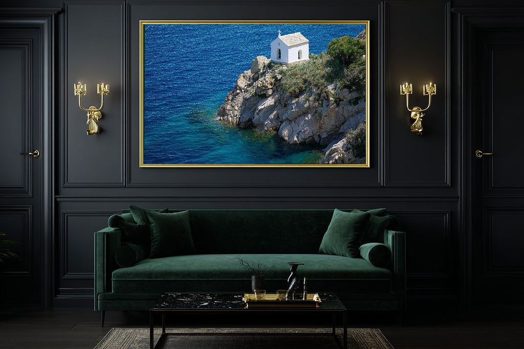 Mediterranean Corsica Clifftop Chapel Fine Art Canvas, Warm Island Glow, Living Room Focal Point, Premium Canvas — mediterranean-corsica-clifftop-chapel-office-wall-art.jpg
