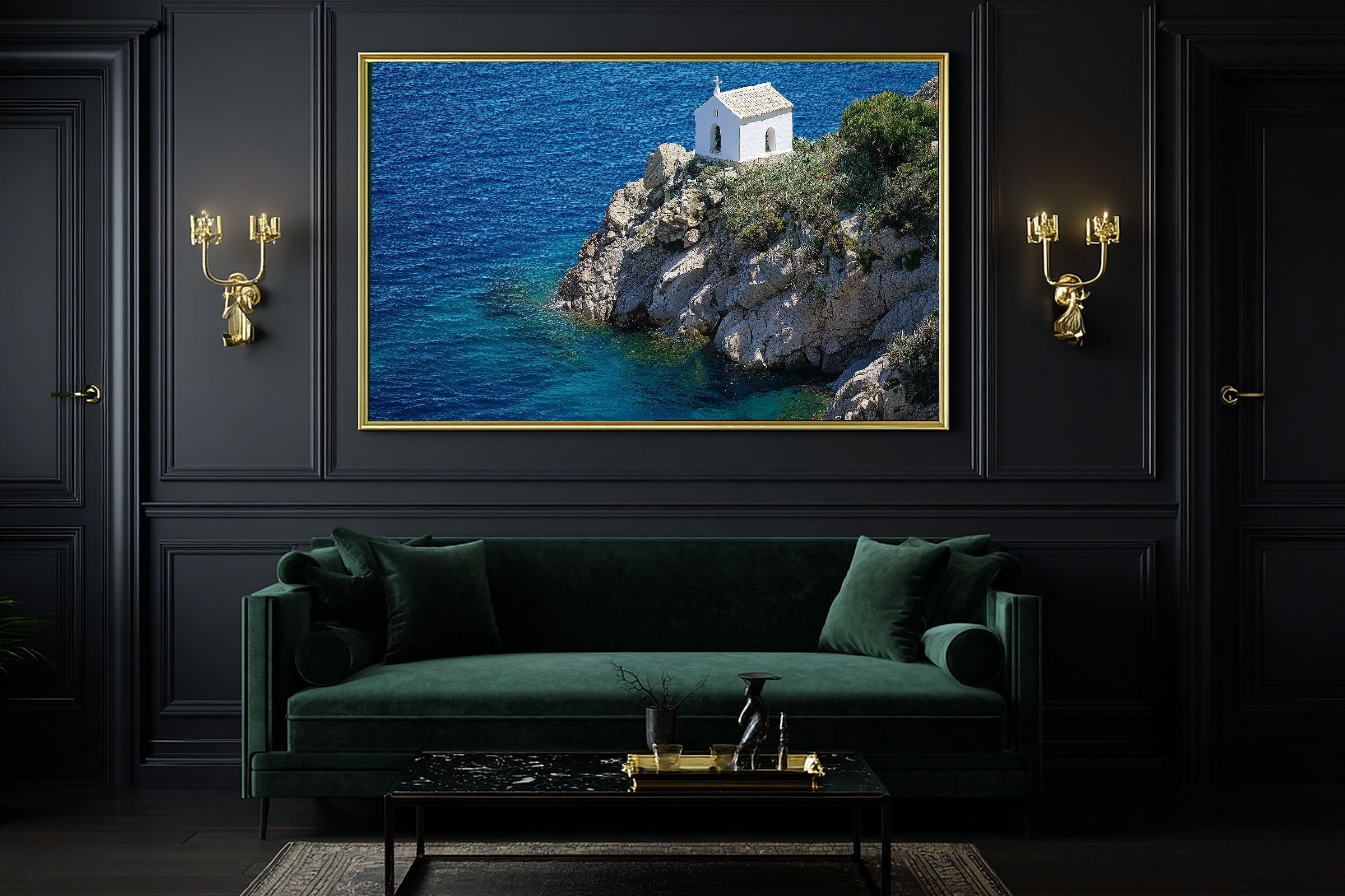 Mediterranean Corsica Clifftop Chapel Fine Art Canvas, Warm Island Glow, Living Room Focal Point, Premium Canvas — mediterranean-corsica-clifftop-chapel-office-wall-art.jpg
