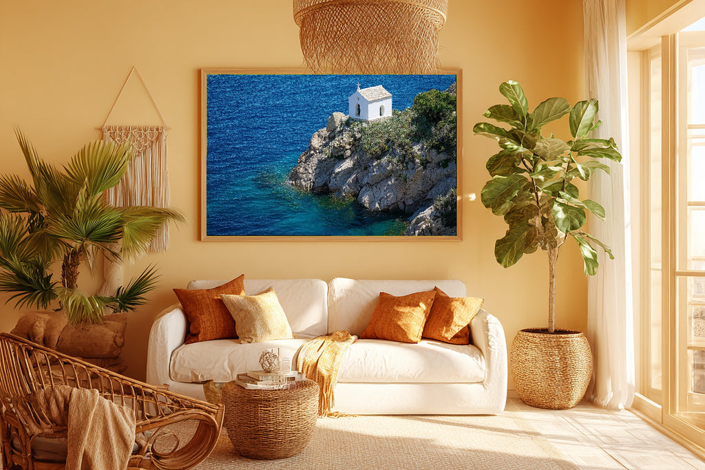 Mediterranean Corsica Clifftop Chapel Fine Art Canvas, Warm Island Glow, Living Room Focal Point, Premium Canvas — mediterranean-corsica-clifftop-chapel-room-5-wall-art.jpg