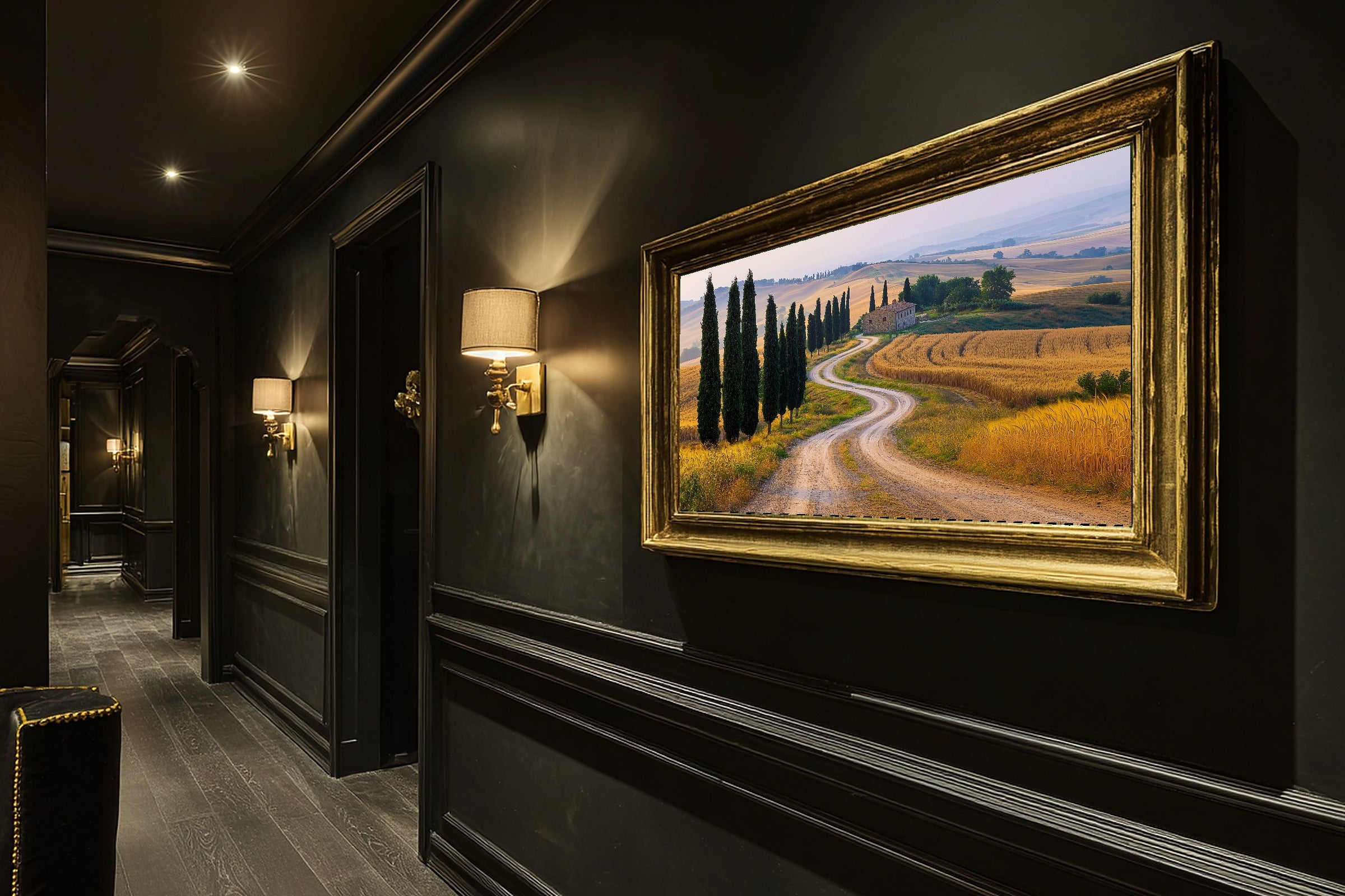 Romantic Old-World Mediterranean Cypress Lane Val Dorcia Art Print, Timeless Decor for the Dining Room — mediterranean-cypress-lane-val-dorcia-hallway-wall-art.jpg