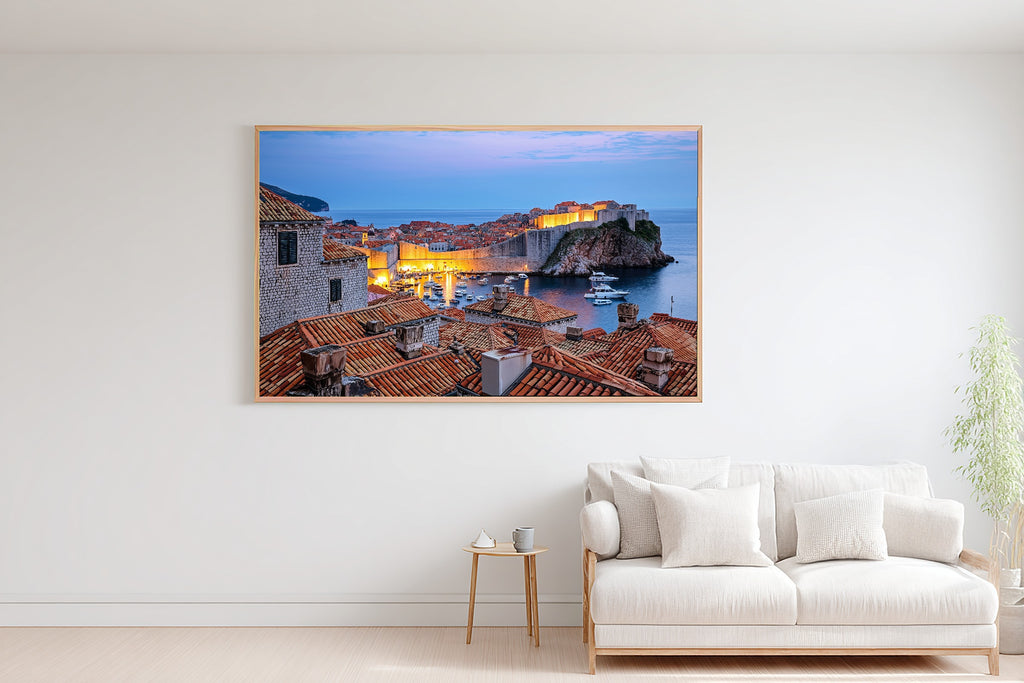 Mediterranean Dubrovnik Harbor Dusk Print on Stretched Canvas, Cozy Warm Old-Town for the Modern Loft, Gift for the City Wanderer — mediterranean-dubrovnik-harbor-dusk-bedroom-wall-art.jpg
