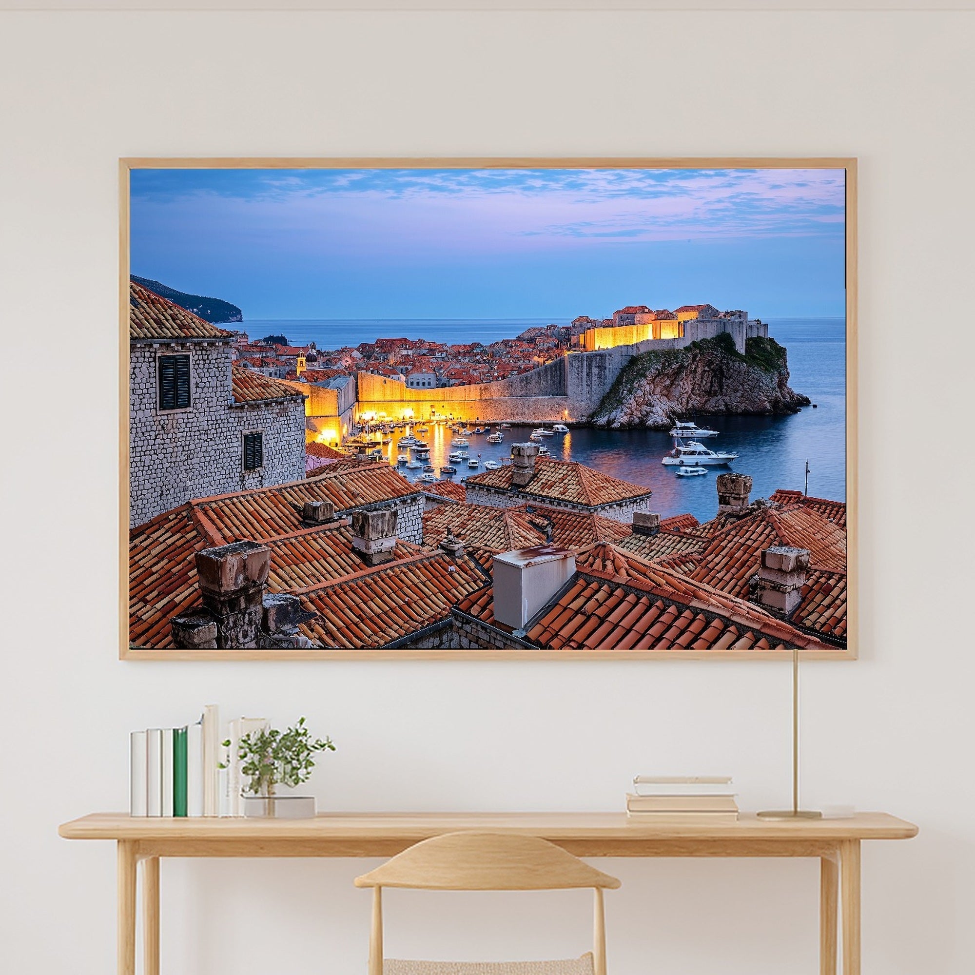 Mediterranean Dubrovnik Harbor Dusk Print on Stretched Canvas, Cozy Warm Old-Town for the Modern Loft, Gift for the City Wanderer — mediterranean-dubrovnik-harbor-dusk-canvas-print.jpg