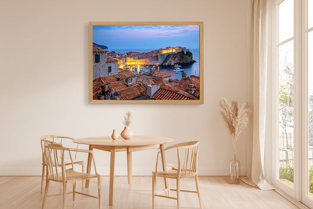 Mediterranean Dubrovnik Harbor Dusk Print on Stretched Canvas, Cozy Warm Old-Town for the Modern Loft, Gift for the City Wanderer — mediterranean-dubrovnik-harbor-dusk-dining-room-wall-art.jpg