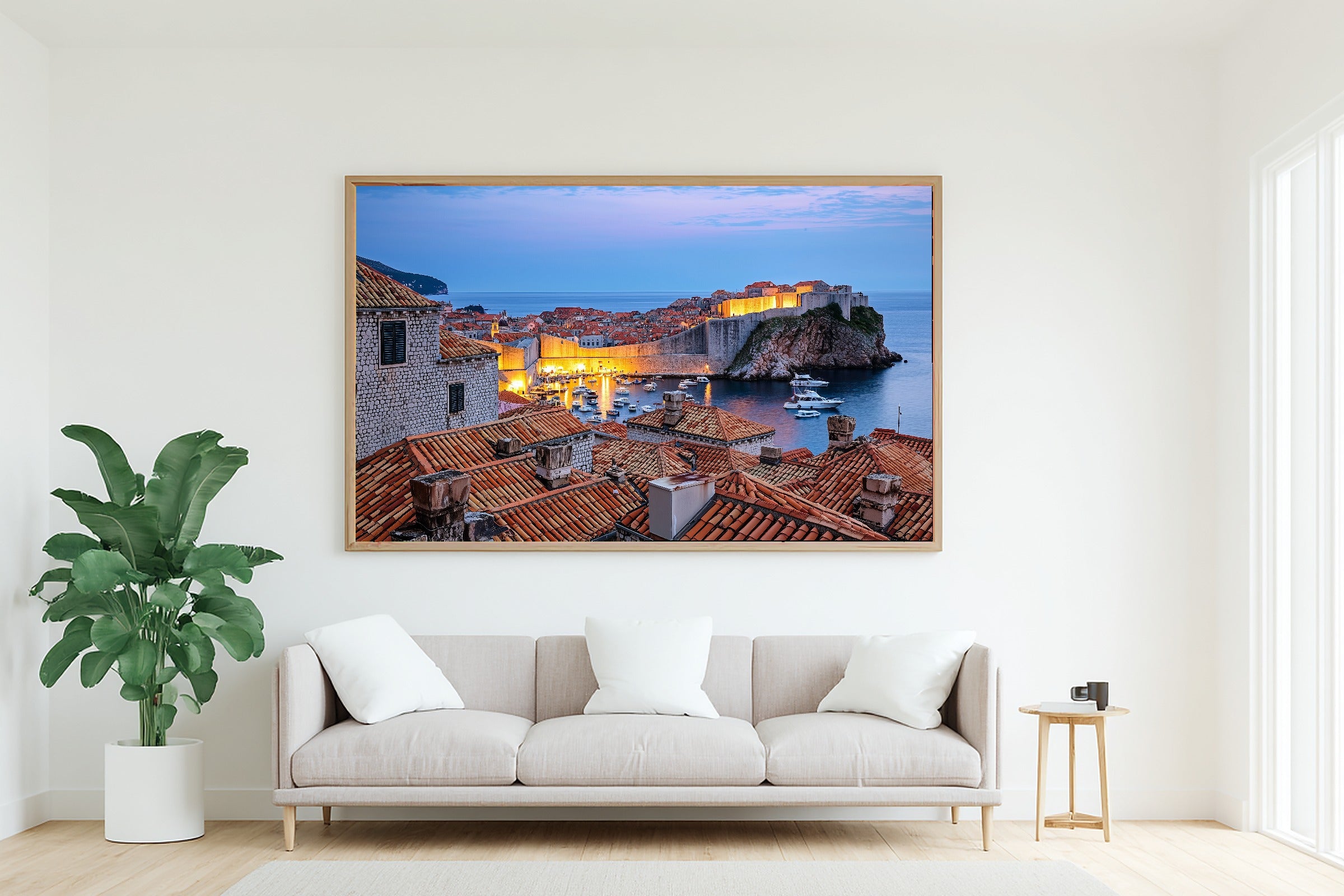Mediterranean Dubrovnik Harbor Dusk Print on Stretched Canvas, Cozy Warm Old-Town for the Modern Loft, Gift for the City Wanderer — mediterranean-dubrovnik-harbor-dusk-living-room-wall-art.jpg