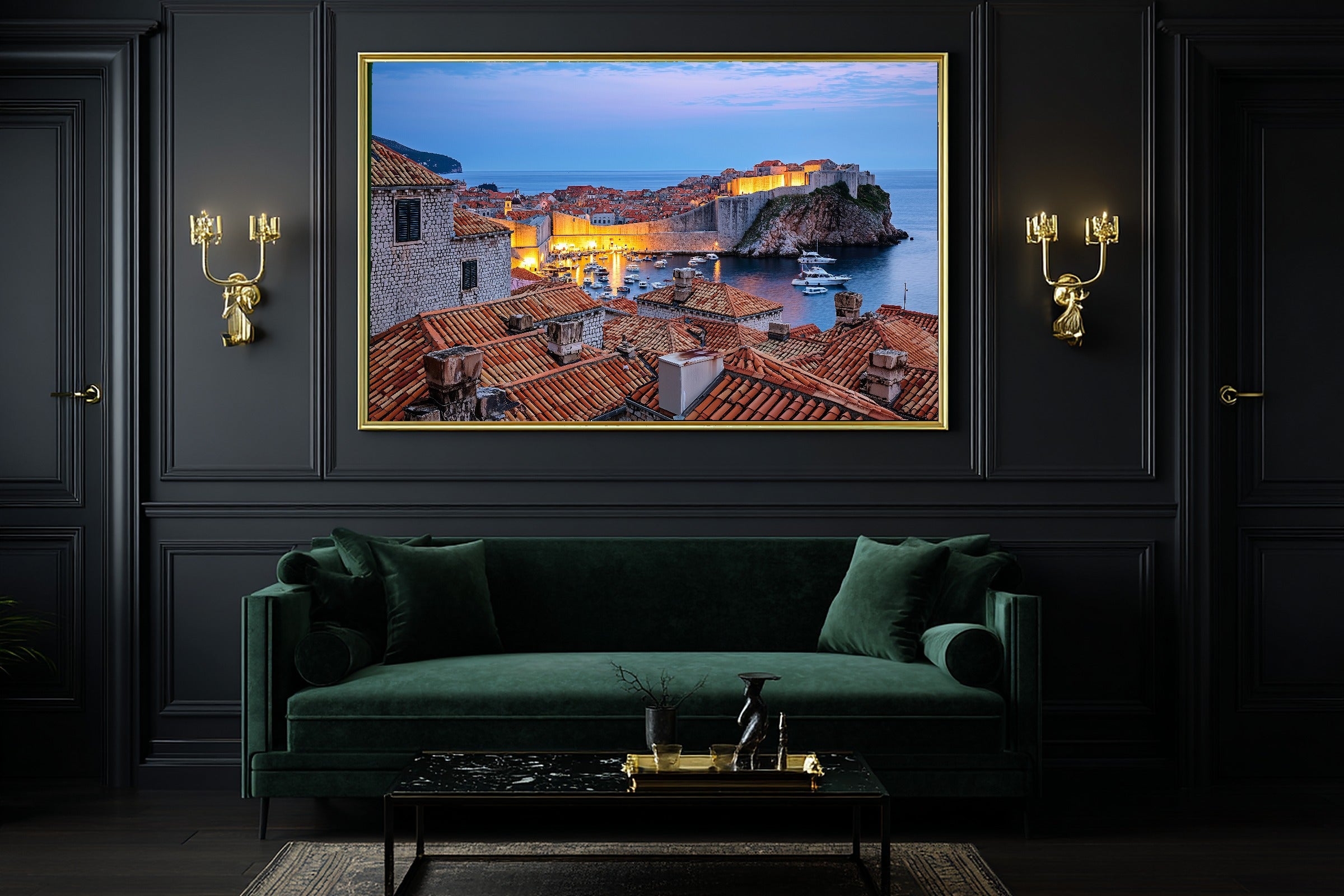 Mediterranean Dubrovnik Harbor Dusk Print on Stretched Canvas, Cozy Warm Old-Town for the Modern Loft, Gift for the City Wanderer — mediterranean-dubrovnik-harbor-dusk-office-wall-art.jpg