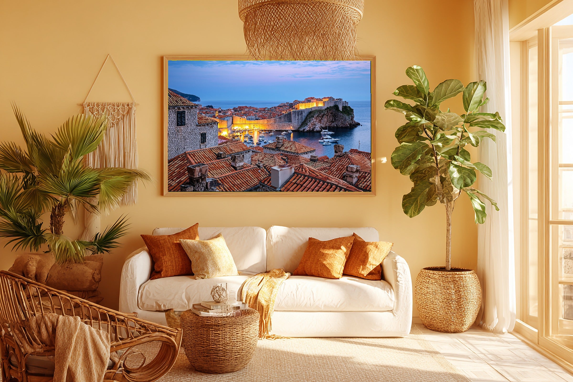 Mediterranean Dubrovnik Harbor Dusk Print on Stretched Canvas, Cozy Warm Old-Town for the Modern Loft, Gift for the City Wanderer — mediterranean-dubrovnik-harbor-dusk-room-5-wall-art.jpg