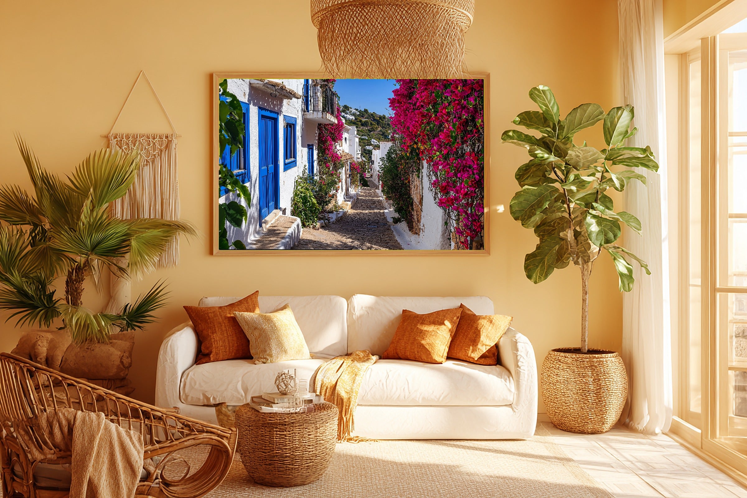 Mediterranean Ibiza White Village Canvas Print, Romantic Mediterranean Wall Art Canvas Art, Dining Room Statement Piece — mediterranean-ibiza-white-village-room-5-wall-art.jpg