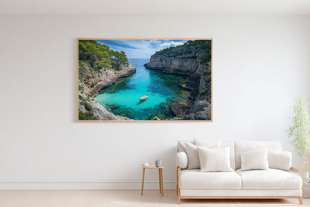 A Dreamy Mediterranean Mallorca Cliff Cove Soft Paradise Print — Dreamy Wall Art for the Sunroom, Giclée on Canvas — mediterranean-mallorca-cliff-cove-bedroom-wall-art.jpg