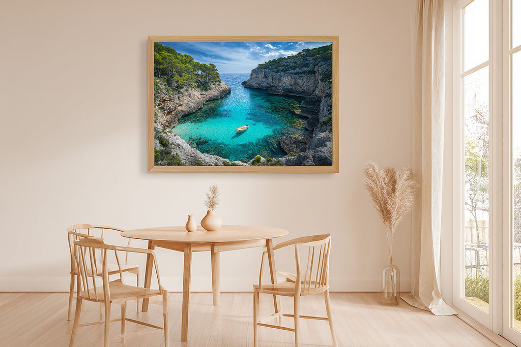 A Dreamy Mediterranean Mallorca Cliff Cove Soft Paradise Print — Dreamy Wall Art for the Sunroom, Giclée on Canvas — mediterranean-mallorca-cliff-cove-dining-room-wall-art.jpg