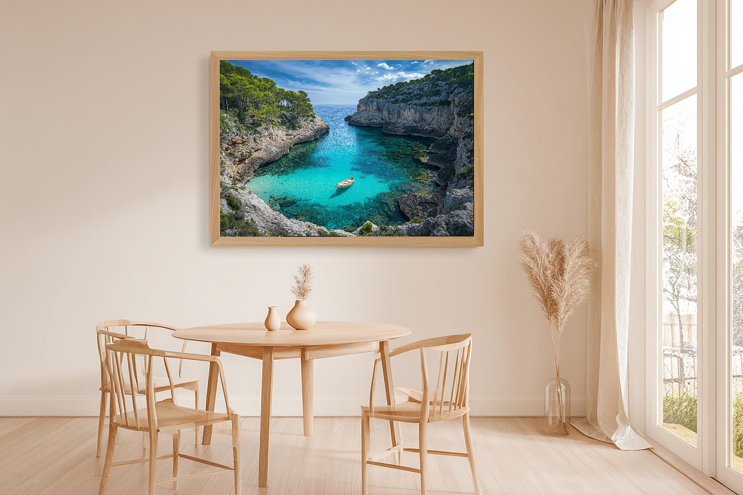A Dreamy Mediterranean Mallorca Cliff Cove Soft Paradise Print — Dreamy Wall Art for the Sunroom, Giclée on Canvas — mediterranean-mallorca-cliff-cove-dining-room-wall-art.jpg