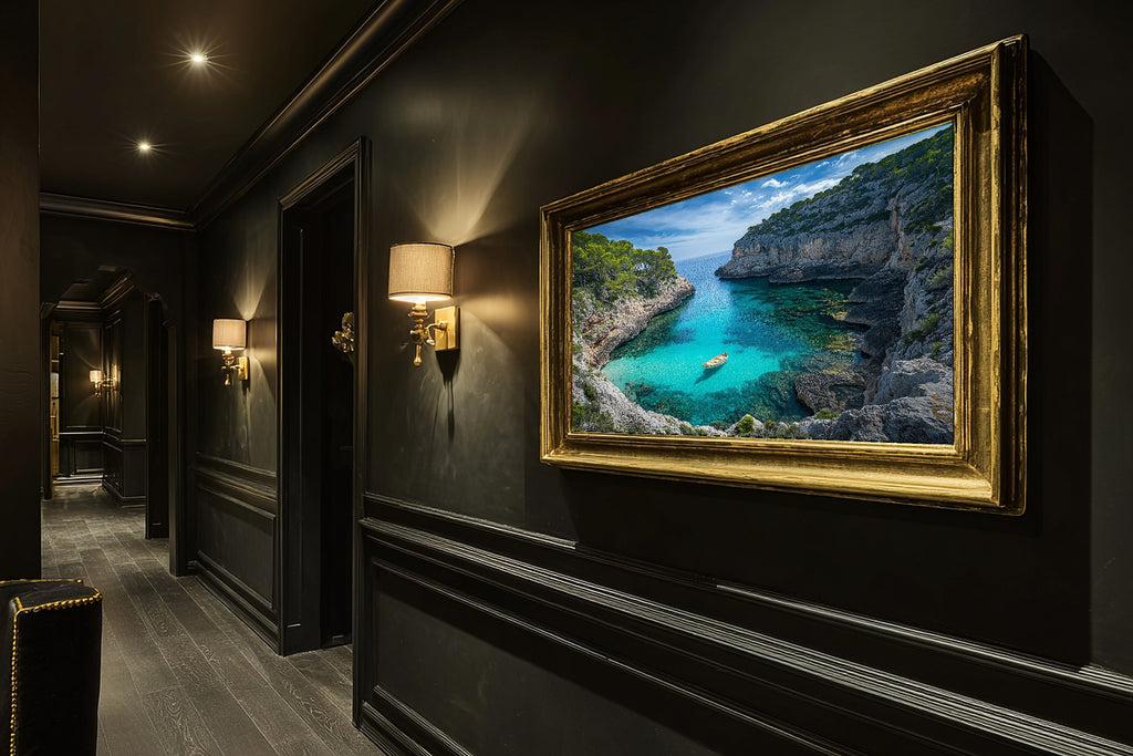 A Dreamy Mediterranean Mallorca Cliff Cove Soft Paradise Print — Dreamy Wall Art for the Sunroom, Giclée on Canvas — mediterranean-mallorca-cliff-cove-hallway-wall-art.jpg