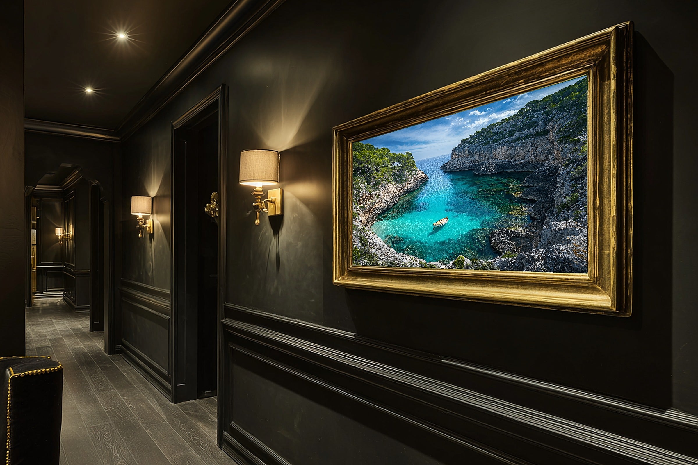 A Dreamy Mediterranean Mallorca Cliff Cove Soft Paradise Print — Dreamy Wall Art for the Sunroom, Giclée on Canvas — mediterranean-mallorca-cliff-cove-hallway-wall-art.jpg