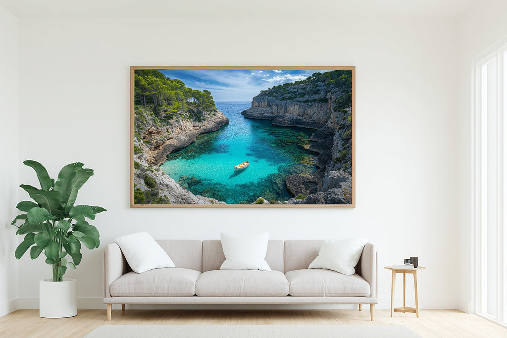 A Dreamy Mediterranean Mallorca Cliff Cove Soft Paradise Print — Dreamy Wall Art for the Sunroom, Giclée on Canvas — mediterranean-mallorca-cliff-cove-living-room-wall-art.jpg