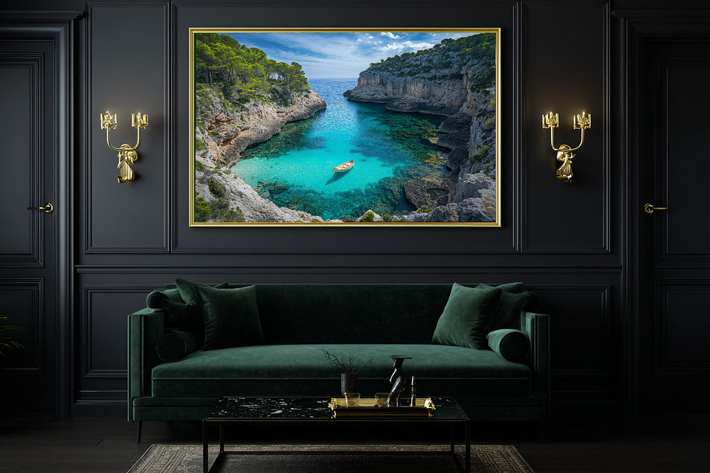 A Dreamy Mediterranean Mallorca Cliff Cove Soft Paradise Print — Dreamy Wall Art for the Sunroom, Giclée on Canvas — mediterranean-mallorca-cliff-cove-office-wall-art.jpg