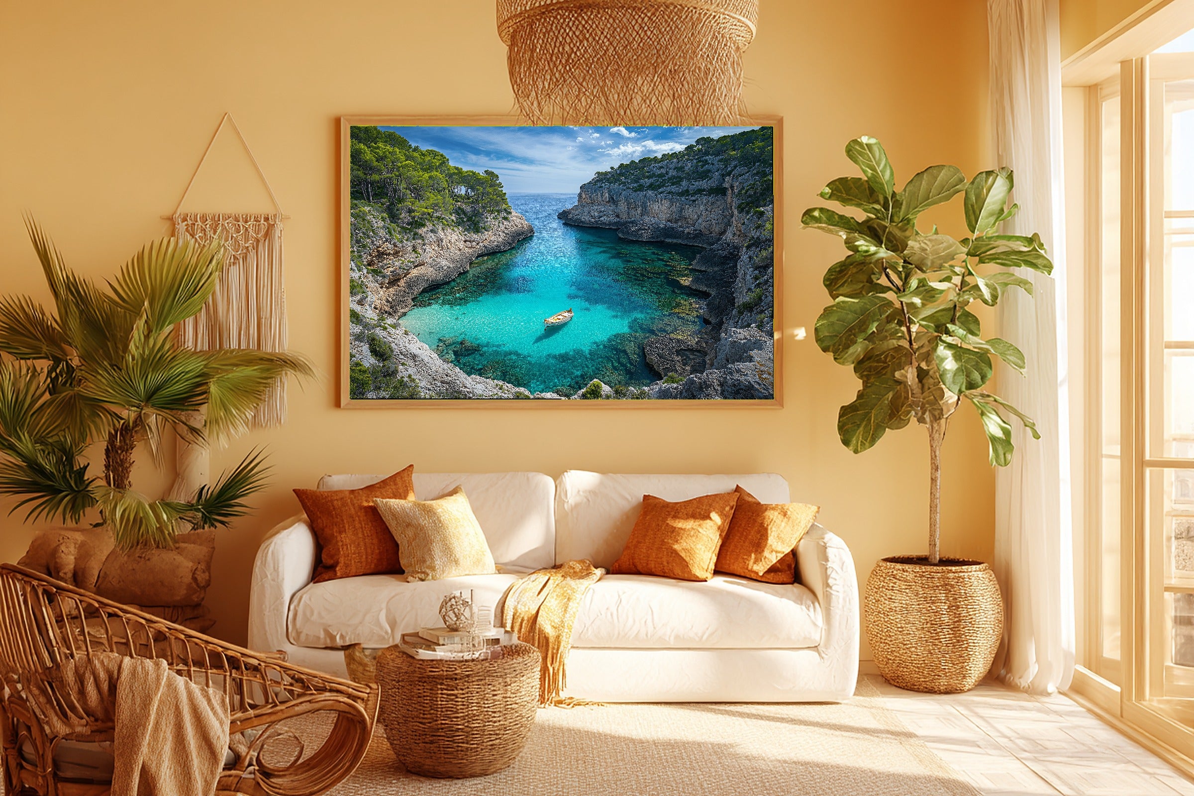 A Dreamy Mediterranean Mallorca Cliff Cove Soft Paradise Print — Dreamy Wall Art for the Sunroom, Giclée on Canvas — mediterranean-mallorca-cliff-cove-room-5-wall-art.jpg
