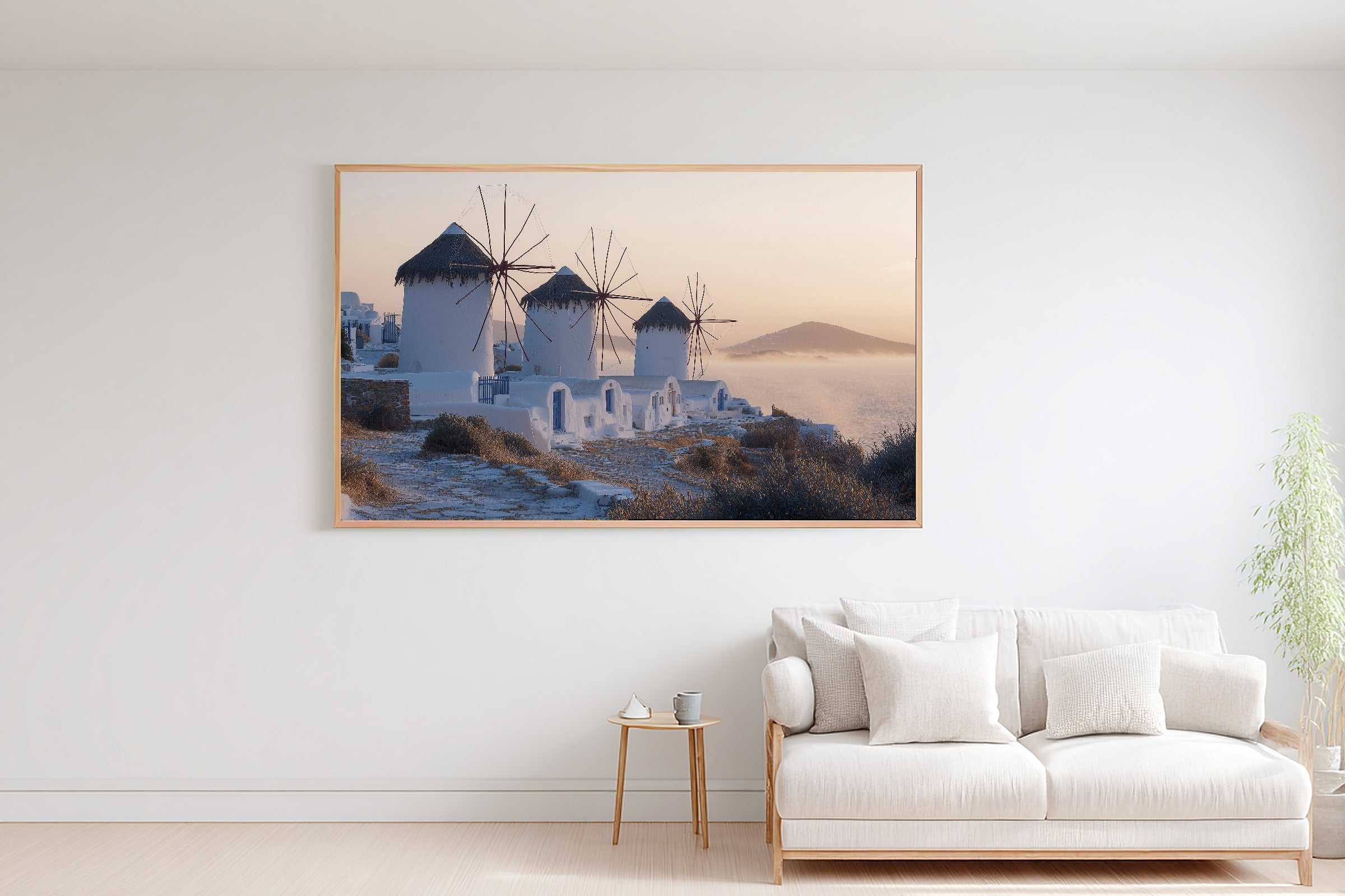 Mediterranean Mykonos Windmill Morning Wall Art Canvas, Vintage Tropical Art, Sunroom Wall Decor, Gift for Creatives — mediterranean-mykonos-windmill-morning-bedroom-wall-art.jpg