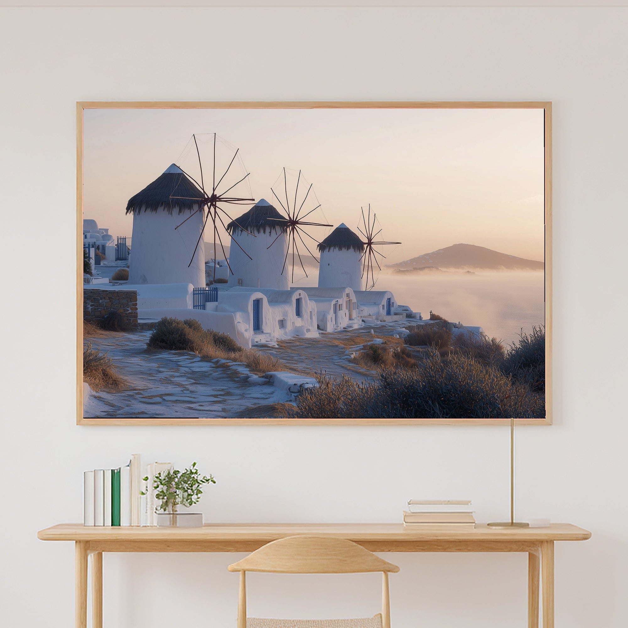 Mediterranean Mykonos Windmill Morning Wall Art Canvas, Vintage Tropical Art, Sunroom Wall Decor, Gift for Creatives — mediterranean-mykonos-windmill-morning-canvas-print.jpg