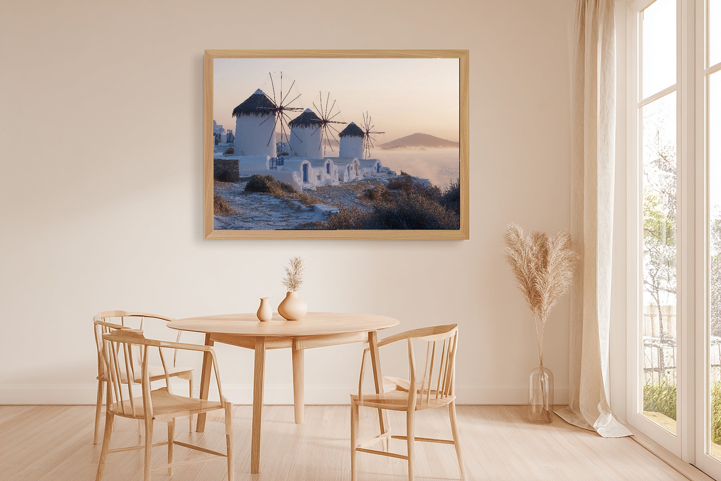 Mediterranean Mykonos Windmill Morning Wall Art Canvas, Vintage Tropical Art, Sunroom Wall Decor, Gift for Creatives — mediterranean-mykonos-windmill-morning-dining-room-wall-art.jpg
