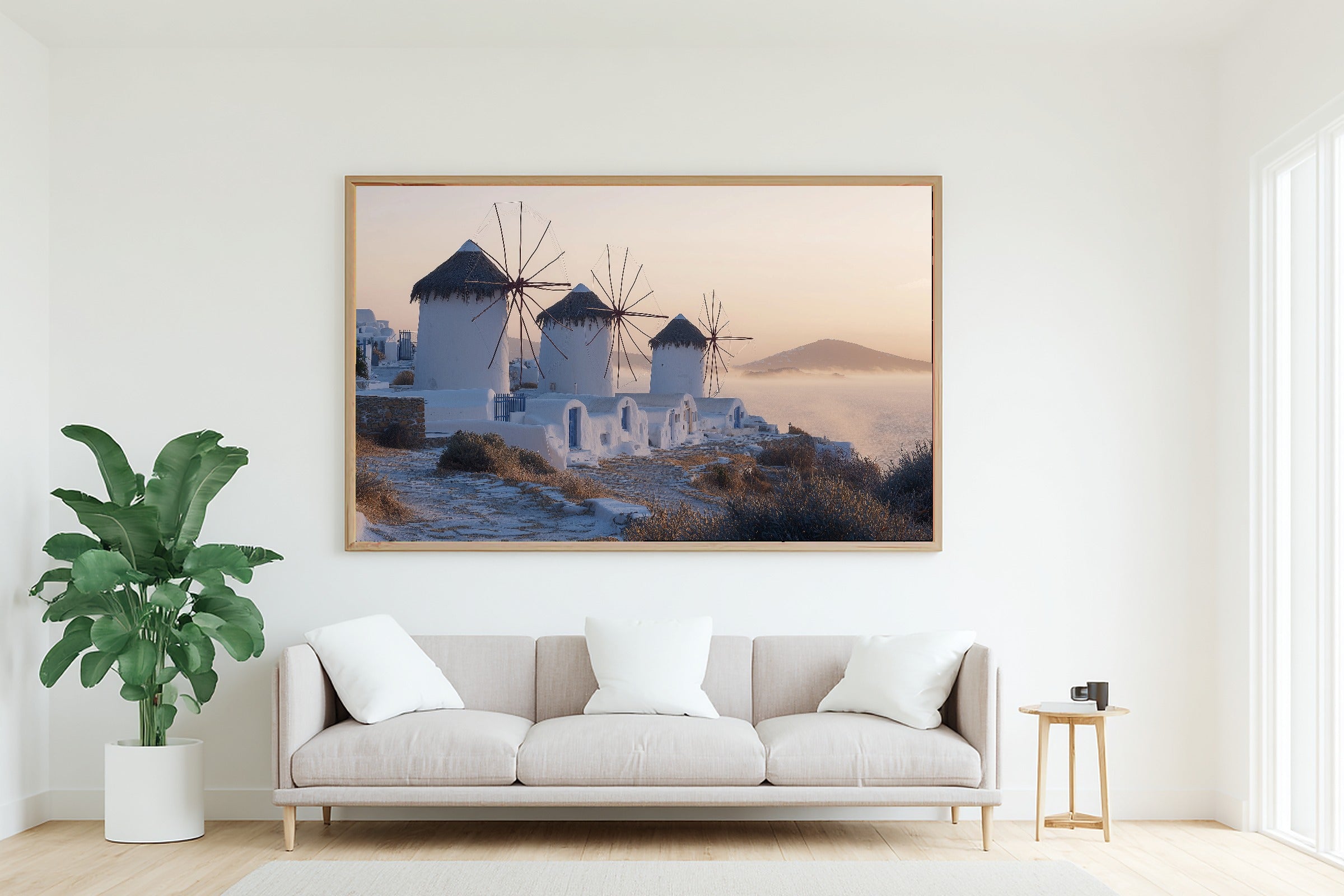 Mediterranean Mykonos Windmill Morning Wall Art Canvas, Vintage Tropical Art, Sunroom Wall Decor, Gift for Creatives — mediterranean-mykonos-windmill-morning-living-room-wall-art.jpg