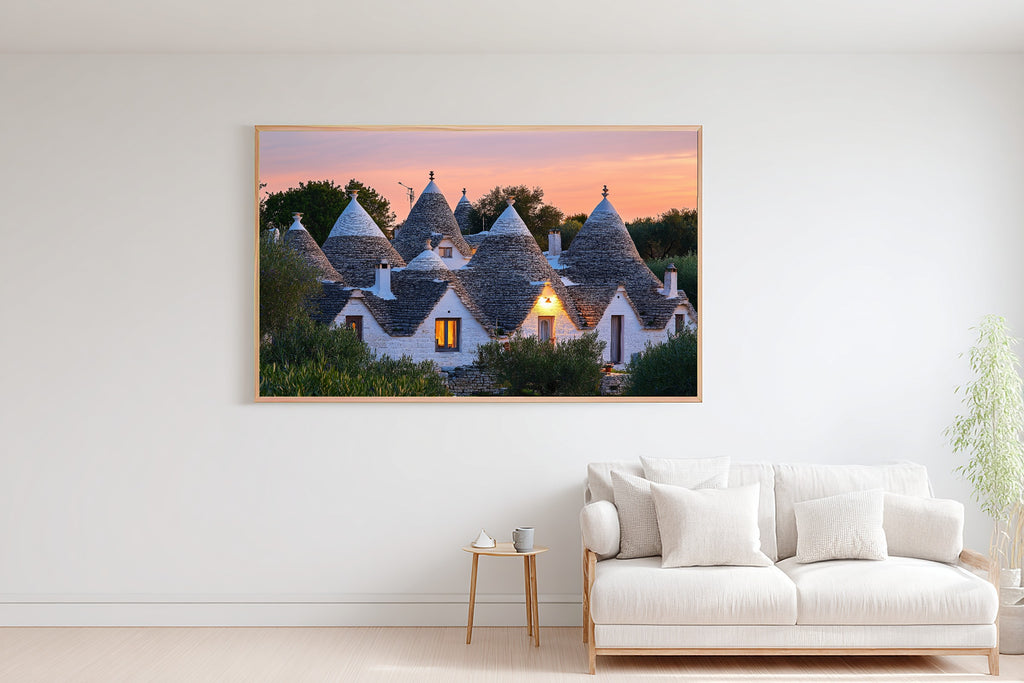 A Dreamy Mediterranean Puglia Trullo Dusk Dreamy Timeless Print — Warm Wall Art for the Living Room, Giclée on Canvas — mediterranean-puglia-trullo-dusk-bedroom-wall-art.jpg