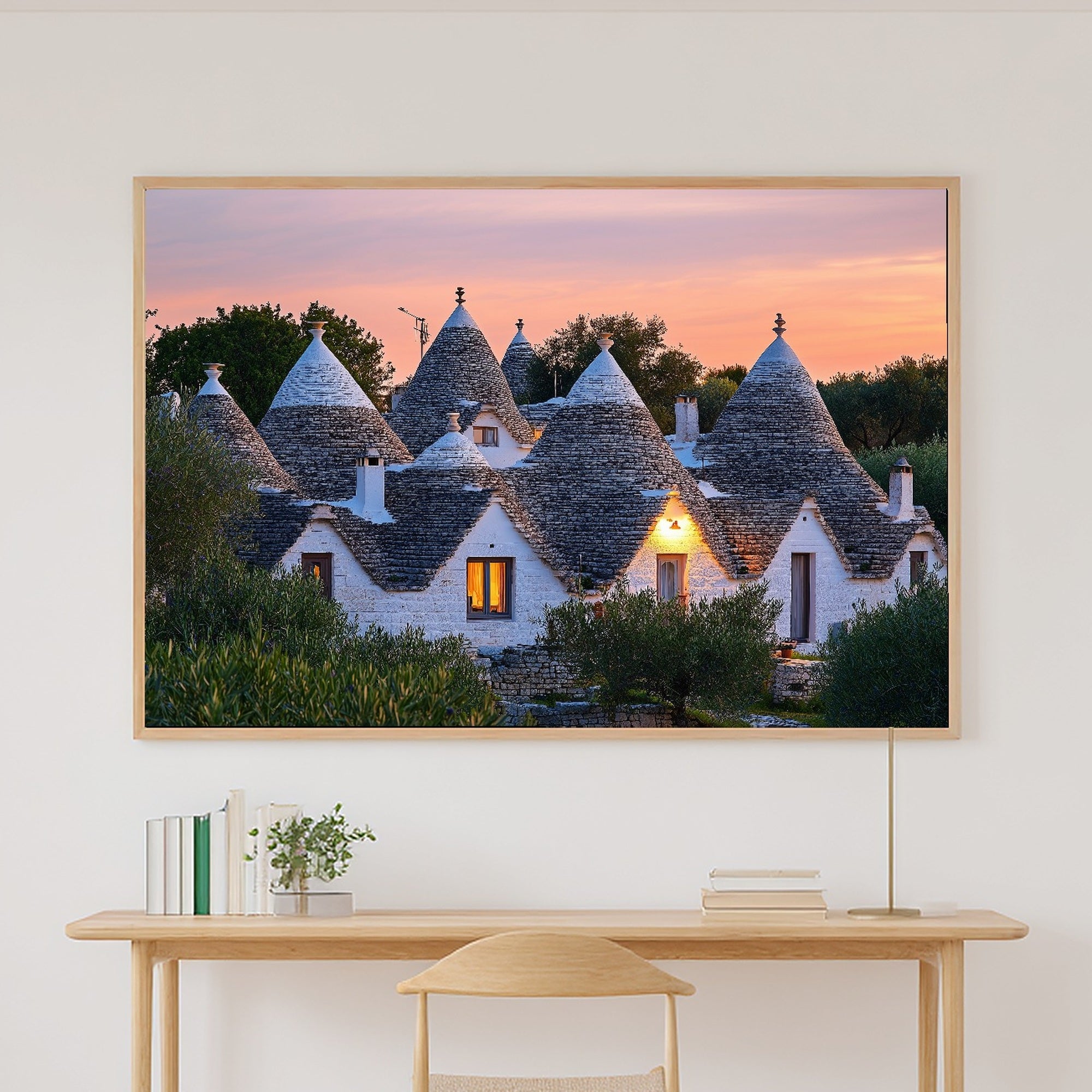 A Dreamy Mediterranean Puglia Trullo Dusk Dreamy Timeless Print — Warm Wall Art for the Living Room, Giclée on Canvas — mediterranean-puglia-trullo-dusk-canvas-print.jpg