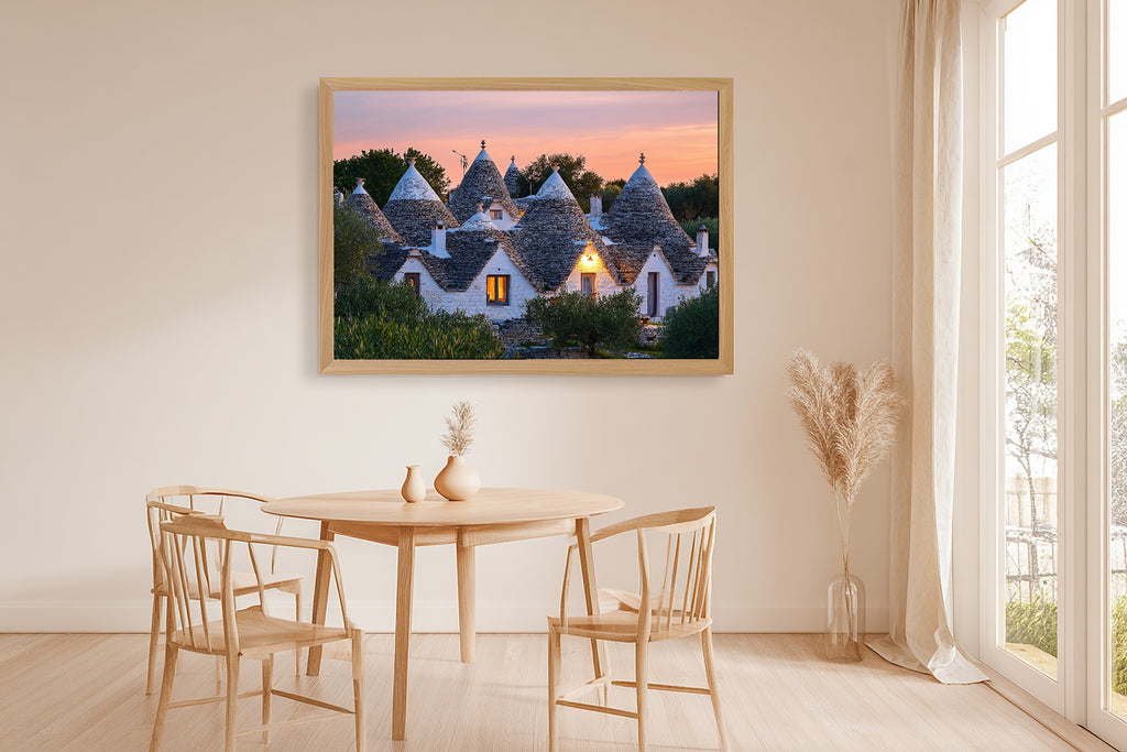 A Dreamy Mediterranean Puglia Trullo Dusk Dreamy Timeless Print — Warm Wall Art for the Living Room, Giclée on Canvas — mediterranean-puglia-trullo-dusk-dining-room-wall-art.jpg