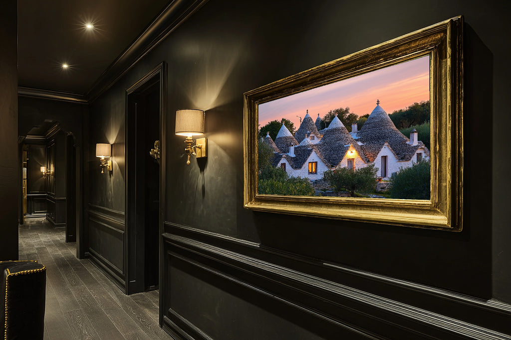 A Dreamy Mediterranean Puglia Trullo Dusk Dreamy Timeless Print — Warm Wall Art for the Living Room, Giclée on Canvas — mediterranean-puglia-trullo-dusk-hallway-wall-art.jpg