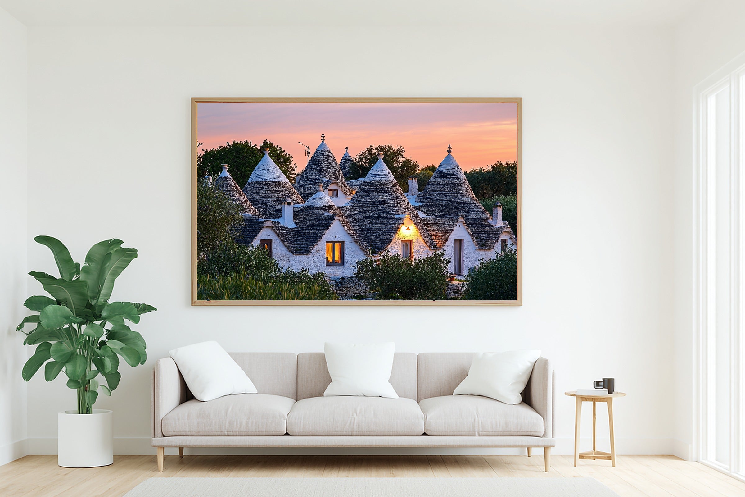A Dreamy Mediterranean Puglia Trullo Dusk Dreamy Timeless Print — Warm Wall Art for the Living Room, Giclée on Canvas — mediterranean-puglia-trullo-dusk-living-room-wall-art.jpg