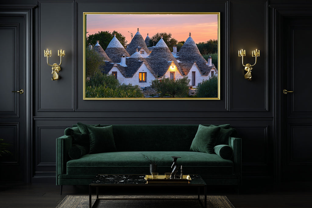A Dreamy Mediterranean Puglia Trullo Dusk Dreamy Timeless Print — Warm Wall Art for the Living Room, Giclée on Canvas — mediterranean-puglia-trullo-dusk-office-wall-art.jpg