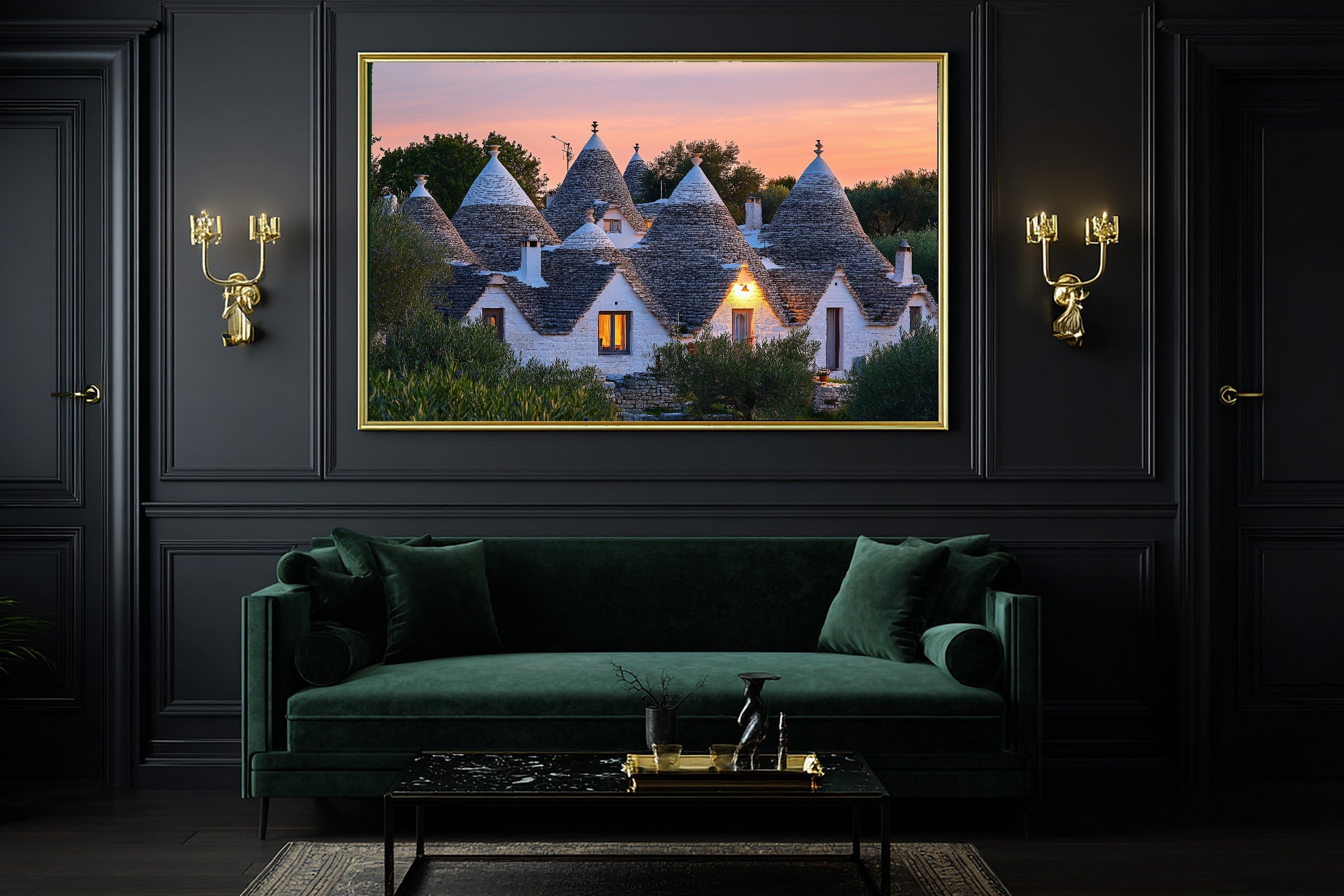 A Dreamy Mediterranean Puglia Trullo Dusk Dreamy Timeless Print — Warm Wall Art for the Living Room, Giclée on Canvas — mediterranean-puglia-trullo-dusk-office-wall-art.jpg