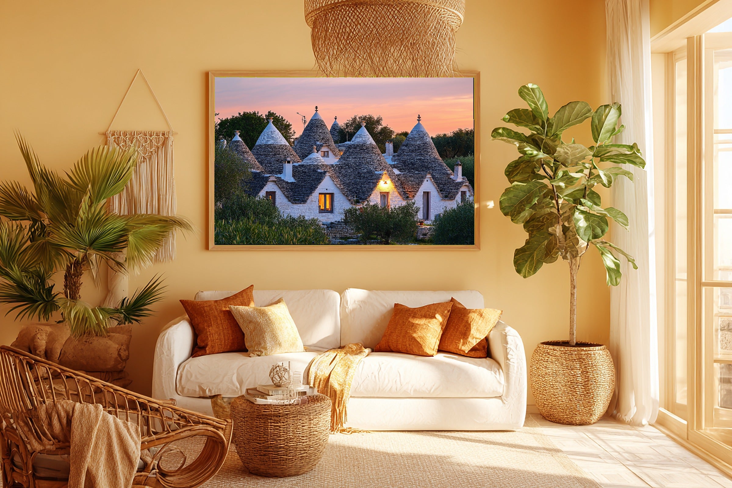 A Dreamy Mediterranean Puglia Trullo Dusk Dreamy Timeless Print — Warm Wall Art for the Living Room, Giclée on Canvas — mediterranean-puglia-trullo-dusk-room-5-wall-art.jpg