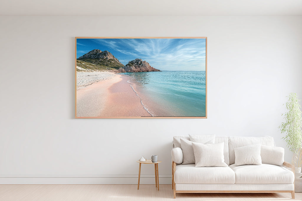 Mediterranean Sardinia Pink Sand Beach Print on Stretched Canvas — Cozy Sunlit Palm for the Sunroom, Gift for the Island-Loving Friend — mediterranean-sardinia-pink-sand-beach-bedroom-wall-art.jpg
