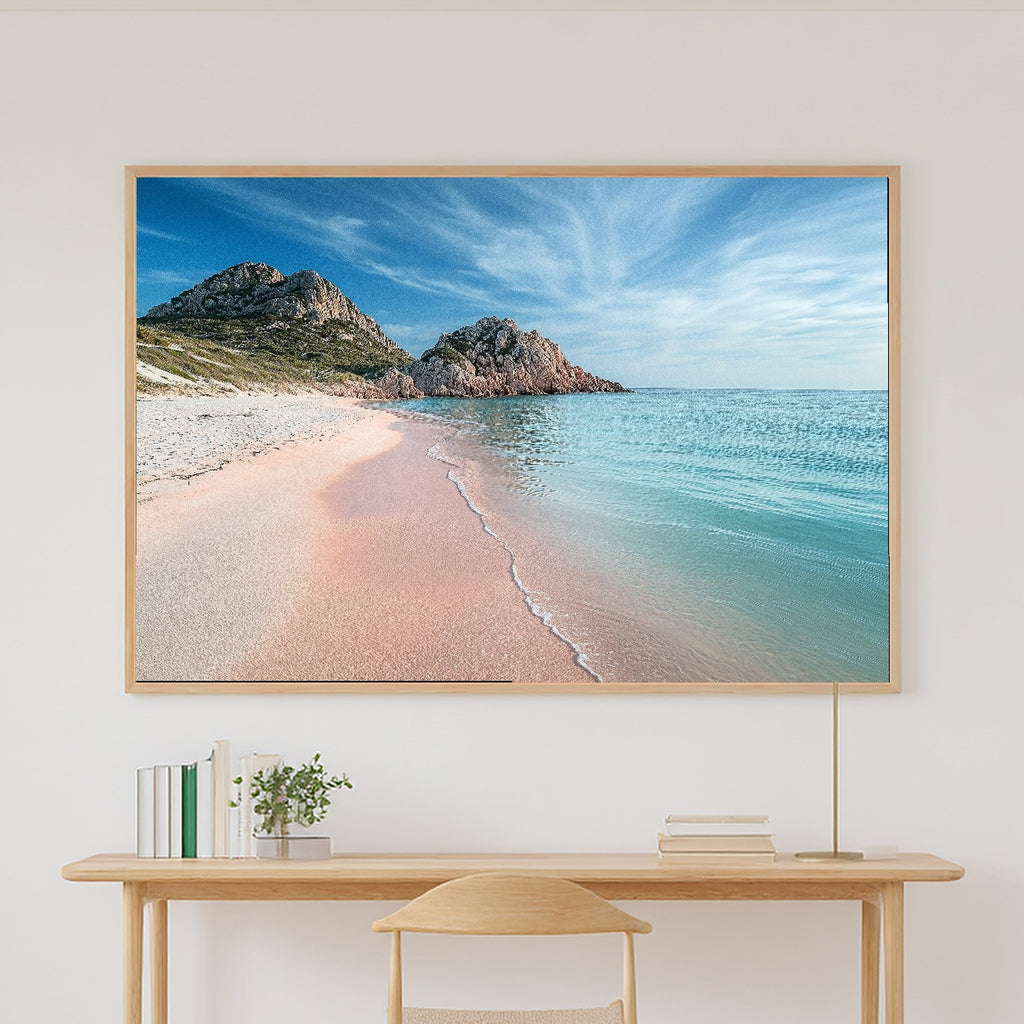 Mediterranean Sardinia Pink Sand Beach Print on Stretched Canvas — Cozy Sunlit Palm for the Sunroom, Gift for the Island-Loving Friend — mediterranean-sardinia-pink-sand-beach-canvas-print.jpg