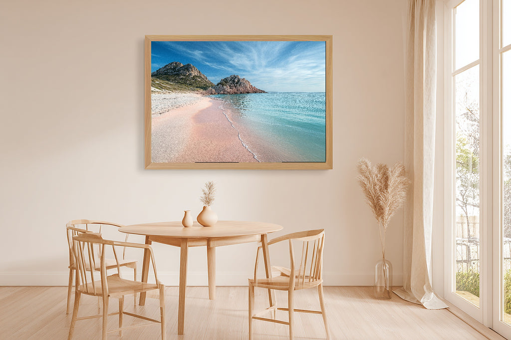 Mediterranean Sardinia Pink Sand Beach Print on Stretched Canvas — Cozy Sunlit Palm for the Sunroom, Gift for the Island-Loving Friend — mediterranean-sardinia-pink-sand-beach-dining-room-wall-art.jpg
