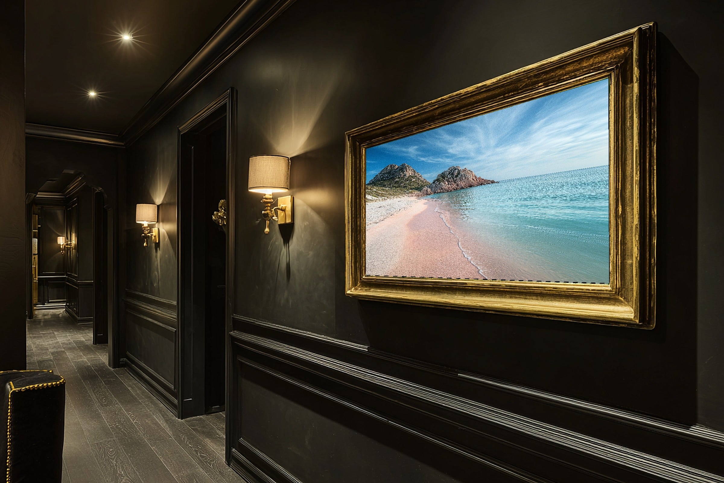 Mediterranean Sardinia Pink Sand Beach Print on Stretched Canvas — Cozy Sunlit Palm for the Sunroom, Gift for the Island-Loving Friend — mediterranean-sardinia-pink-sand-beach-hallway-wall-art.jpg