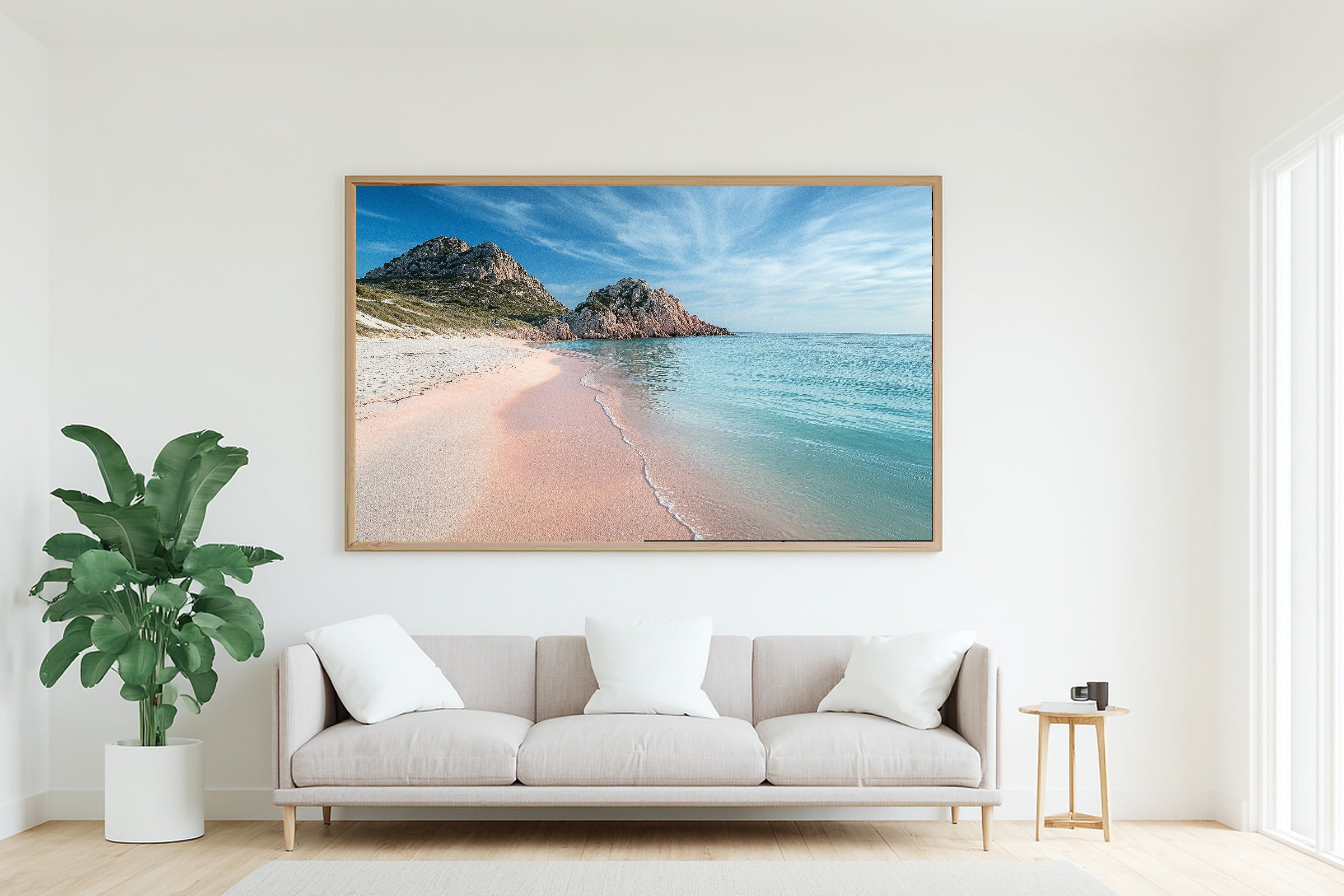 Mediterranean Sardinia Pink Sand Beach Print on Stretched Canvas — Cozy Sunlit Palm for the Sunroom, Gift for the Island-Loving Friend — mediterranean-sardinia-pink-sand-beach-living-room-wall-art.jpg