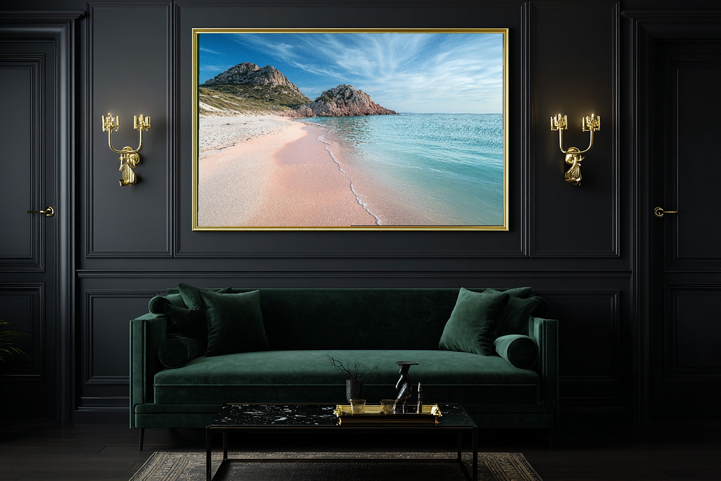Mediterranean Sardinia Pink Sand Beach Print on Stretched Canvas — Cozy Sunlit Palm for the Sunroom, Gift for the Island-Loving Friend — mediterranean-sardinia-pink-sand-beach-office-wall-art.jpg